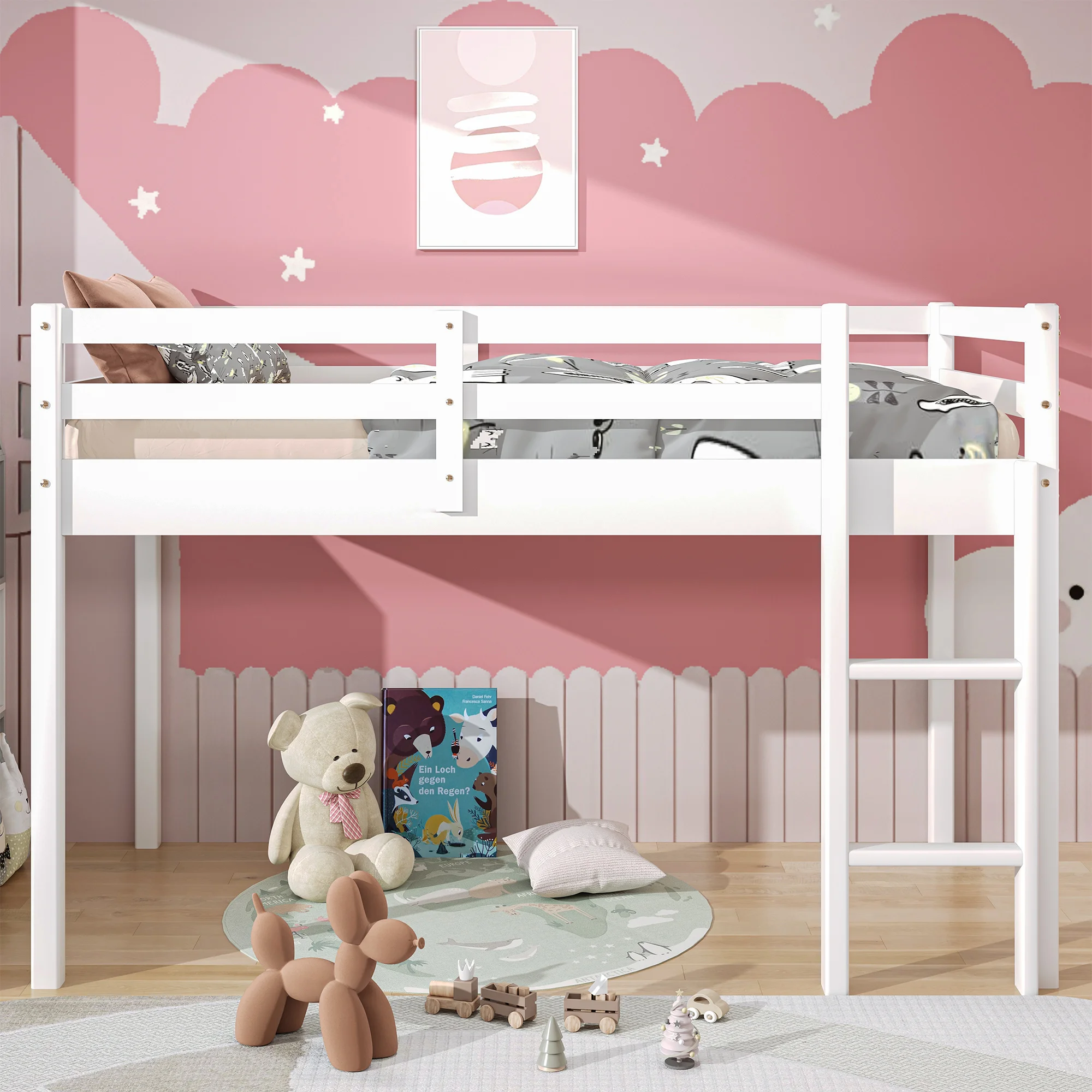 PAPROOS Twin Size Loft Bed, Solid Wood Loft Bed Frame with 14 Wooden Slats, Modern Low Loft Bed for Kids Boys Girls, No Box Spring Needed, White