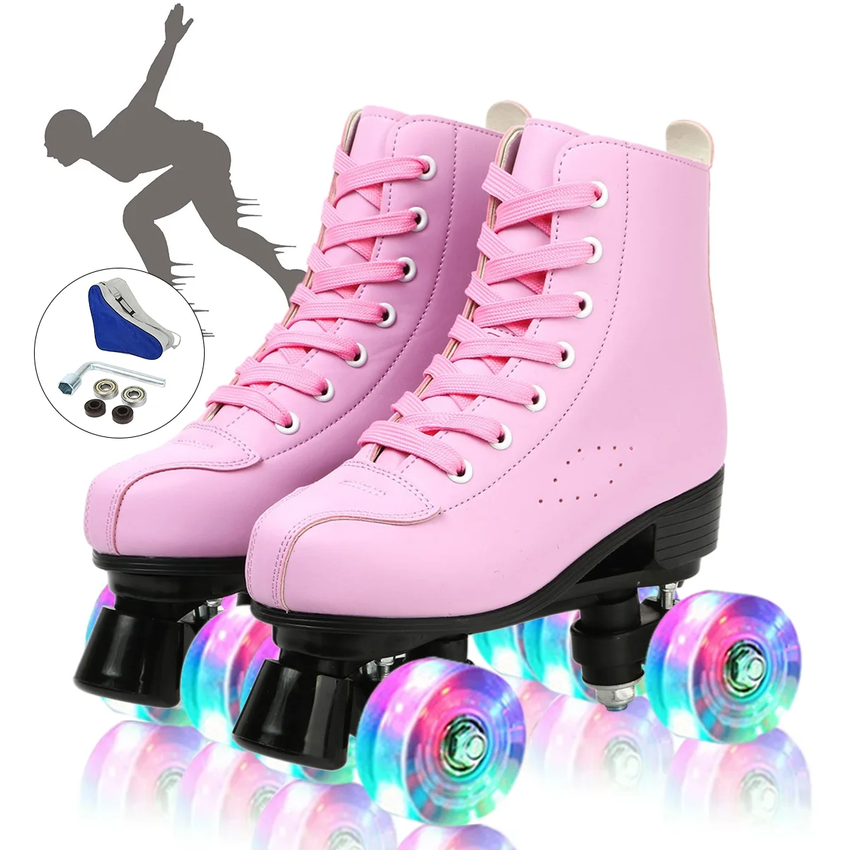 EONROACOO Flashing Wheels Roller Skates for Adult, Leather Double-Row Roller Skates for Women&Men Quad Skates(Green, Women 7/Men 5.5)