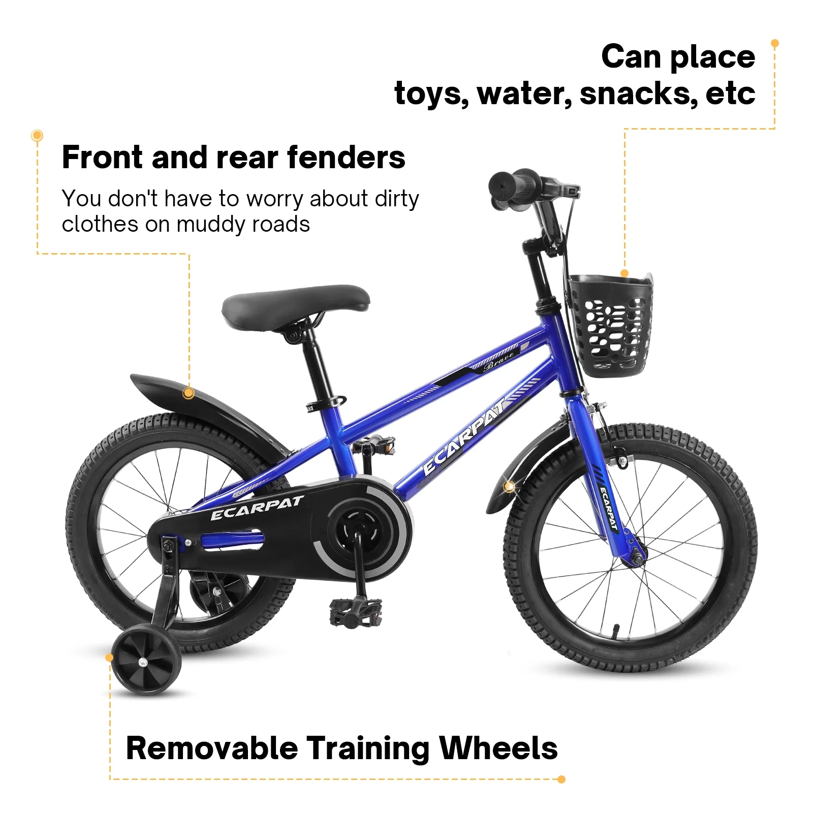 16″ Kids Bike with Training Wheels, Balancing Bicycle with Bell, Basket, Fender for 4-8 Year Old Boys & Girls, Blue