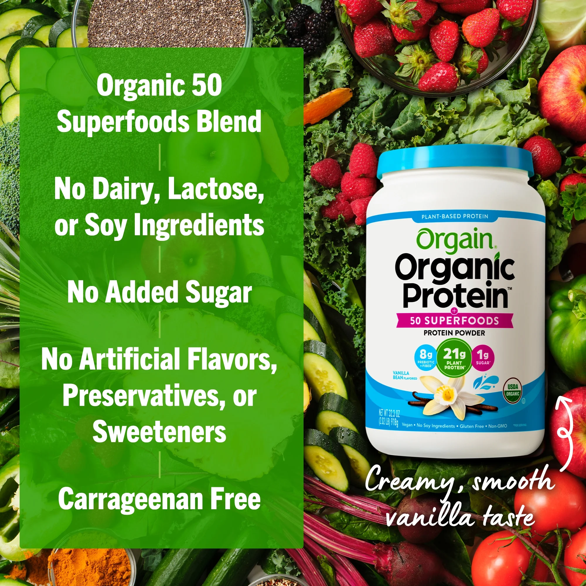 Orgain Organic Plant Based Protein + Superfoods Powder, Vanilla Bean, 21g Protein, 2.02 lb