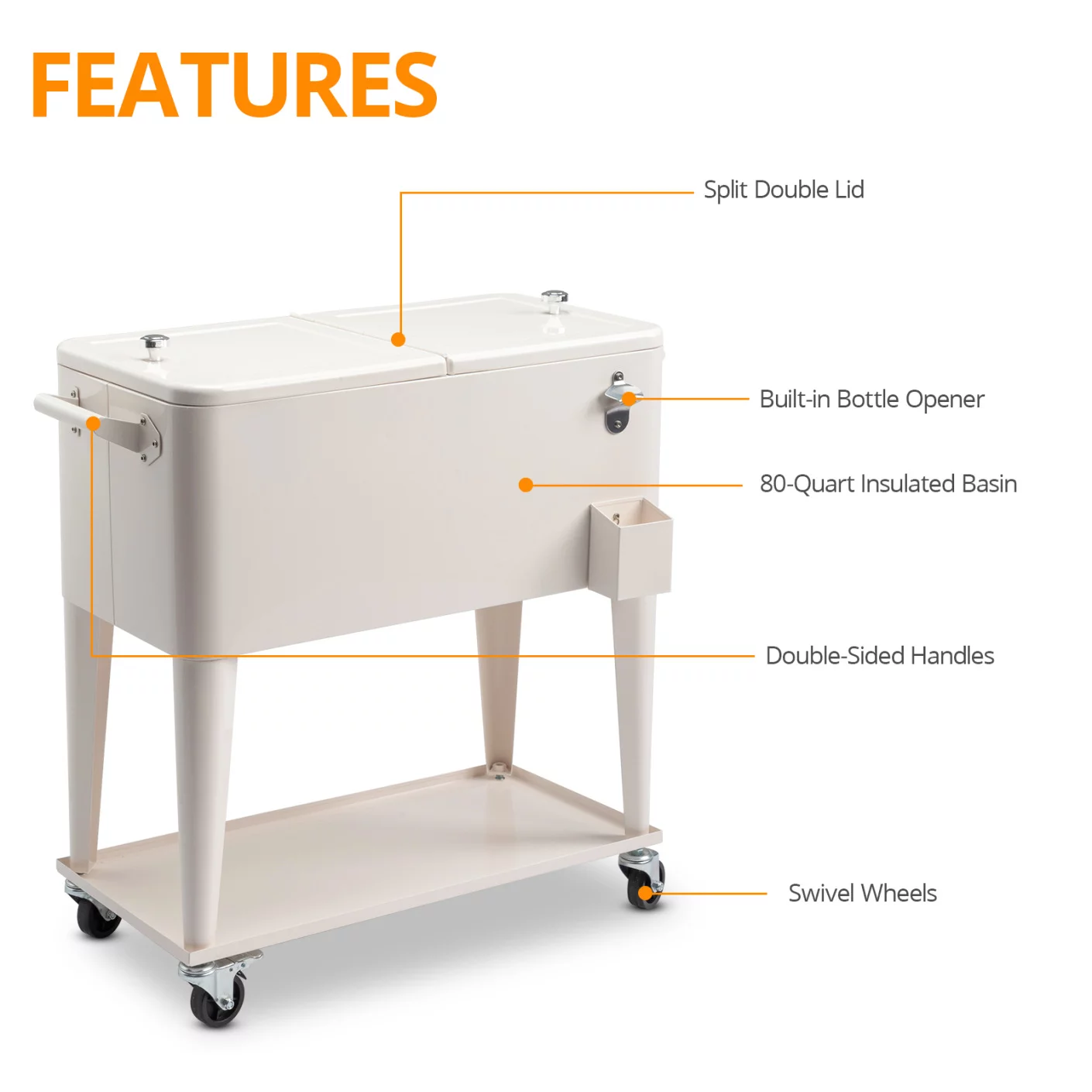 80 Quart Rolling Cooler Cart with Lockable Wheels, Portable Ice Chest for Outdoor Events, Patio Parties, Backyard BBQs, Picnics, Camping – Includes Bottle Opener & Bottle Cap Catcher