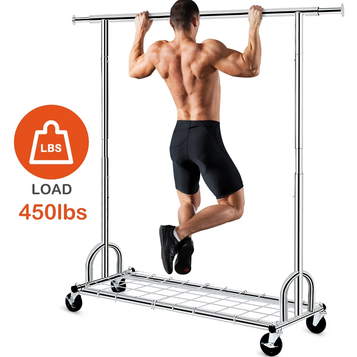 450 lbs Commercial Clothing Garment Rack with Shelves Clothing Racks on Wheels Rolling Clothes Rack Heavy Duty Portable Collapsible Adjustable, Chrome Finish