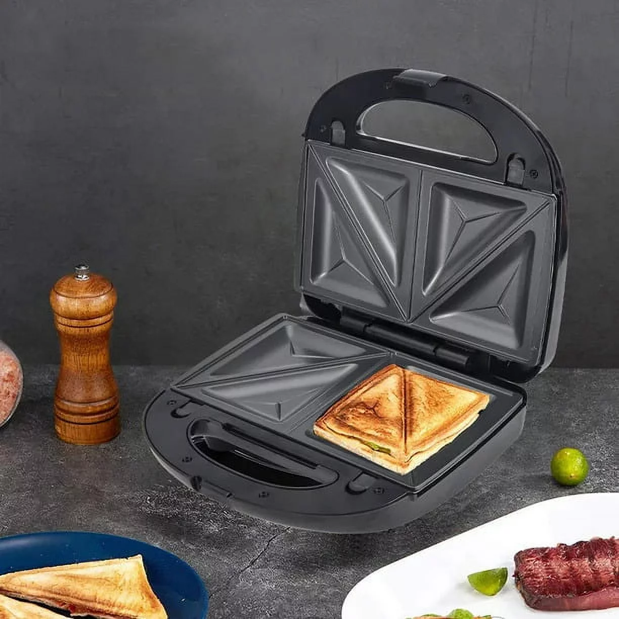 6-in-1 Waffle Maker Panini Press Sandwich Maker | 750W Breakfast Grill | Non-Stick Removable Plate | Black