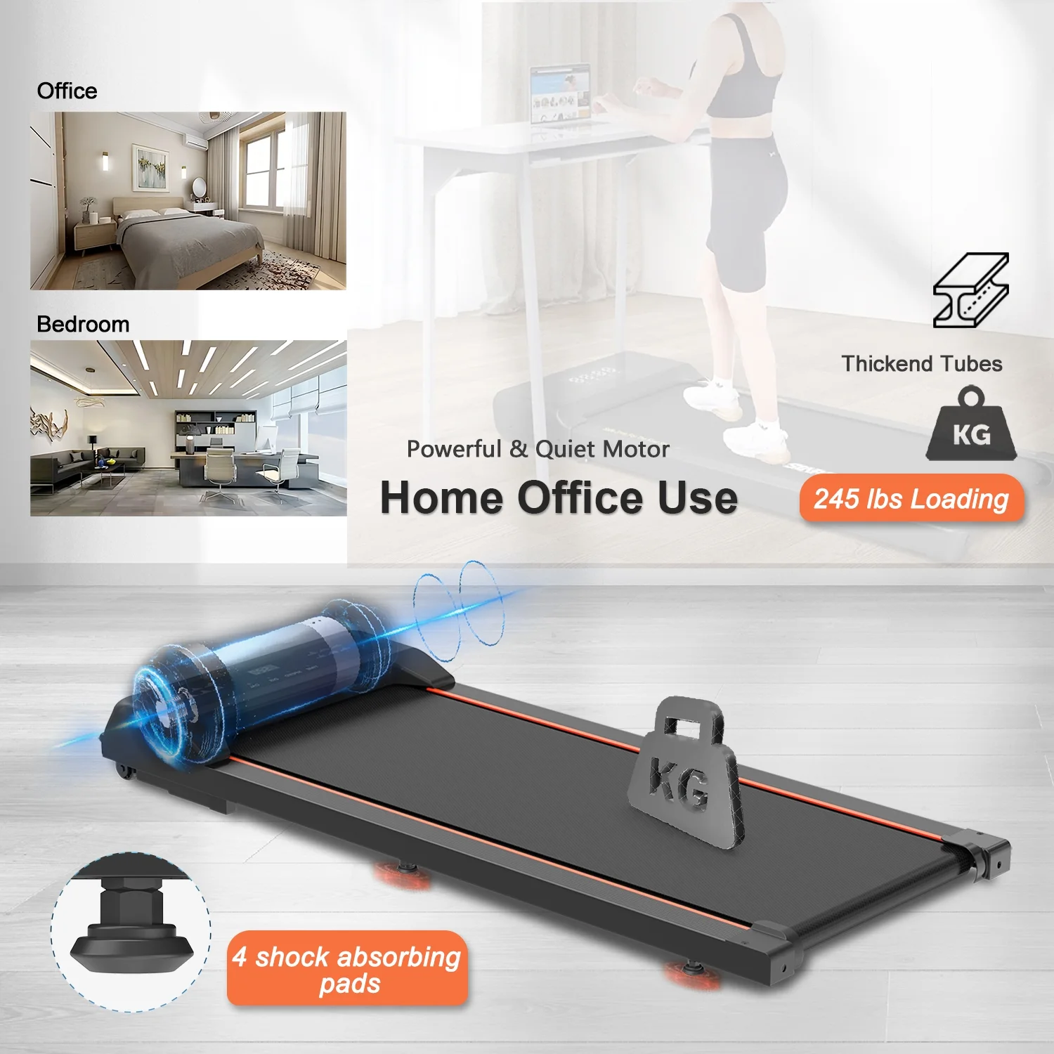 Walking Pad Under Desk Treadmill, LED Display and Remote Control Portable Treadmill for Home and Office, 2.5HP 245LBS