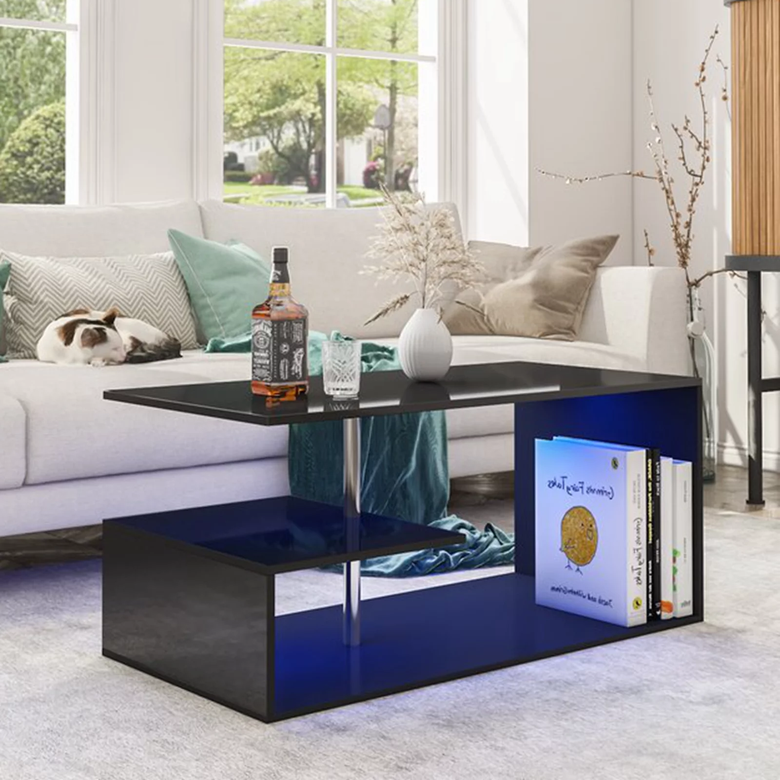 Hommpa High Gloss Coffee Table with Open Shelf LED Lights Smart APP Control White Center Sofa End Table S Shaped Modern Cocktail Tables with for Living Room