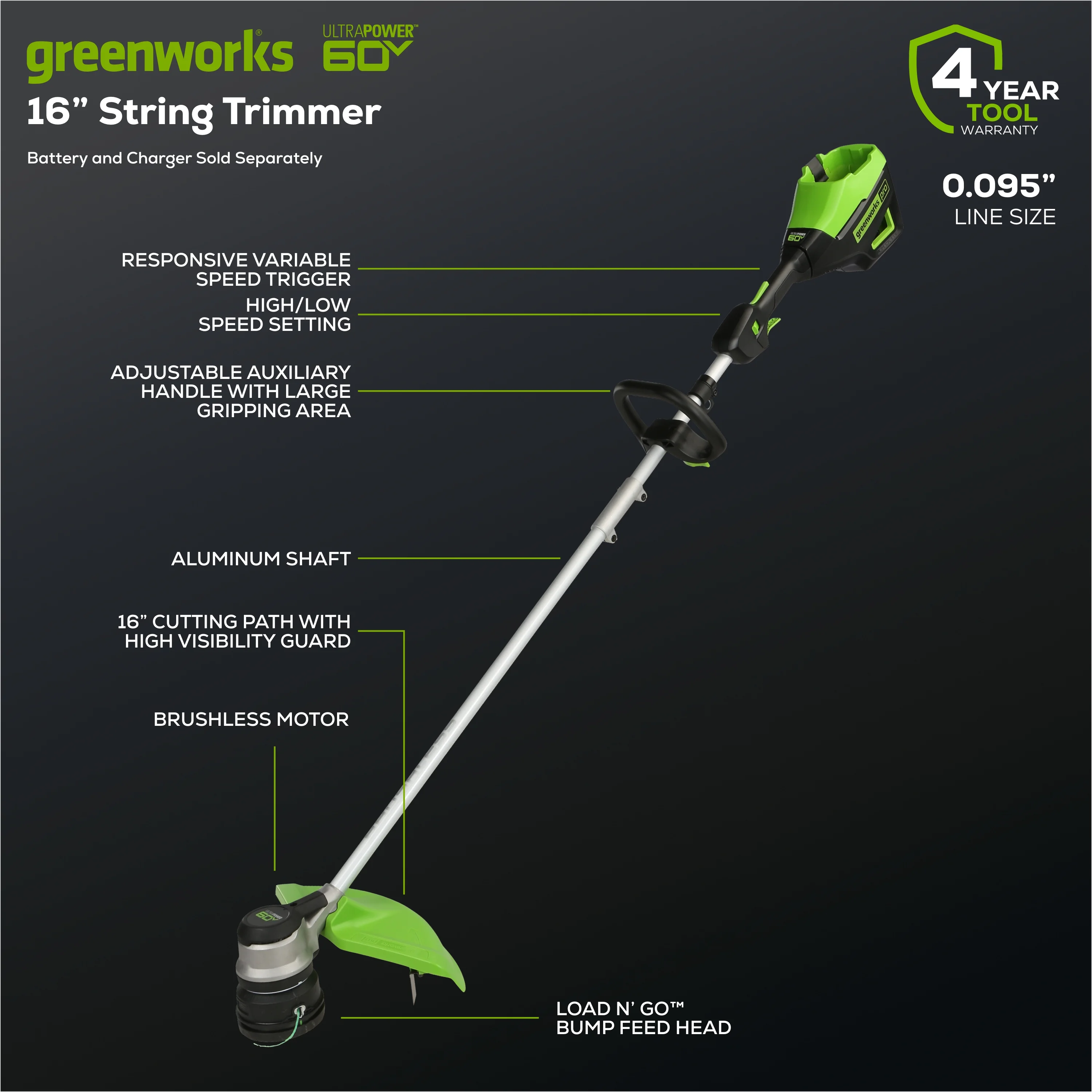 Greenworks 60V 16″ Battery Powered Cordless String Trimmer, Tool Only 2122802T