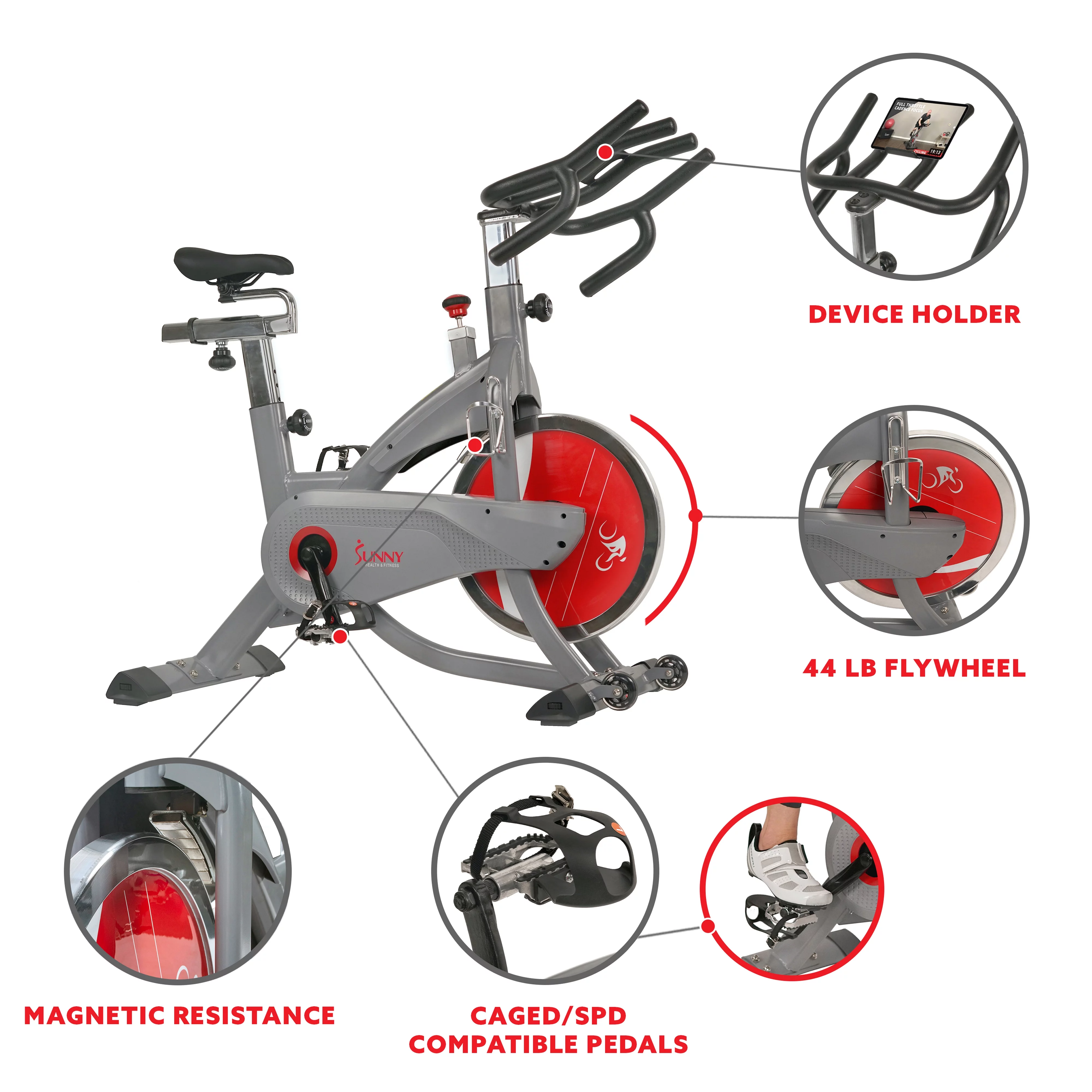 Sunny Health & Fitness AeroPro Stationary Indoor Cycling Exercise Bike with 44 lb Flywheel, Clipped Pedals, Home Cardio, SF-B1711