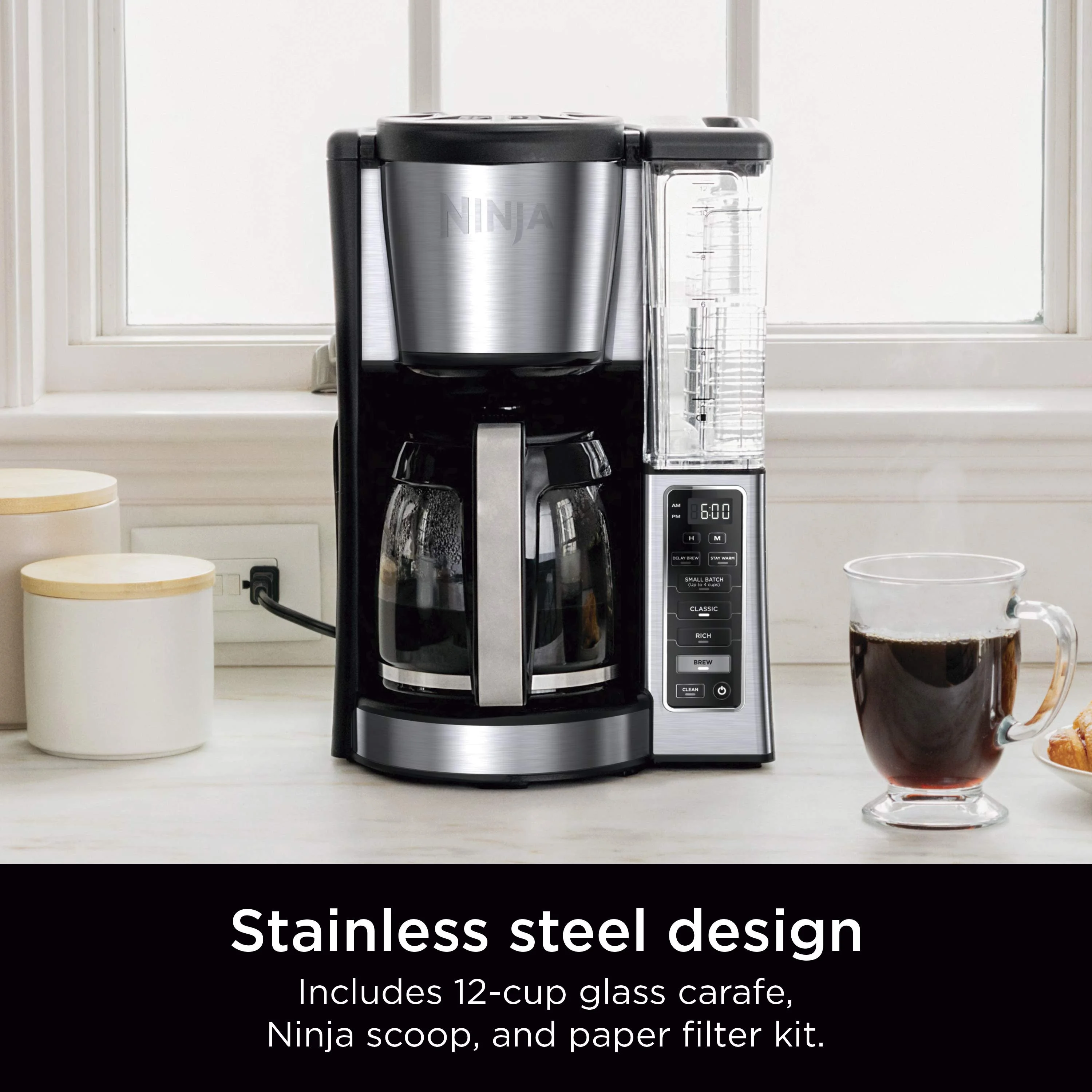 Ninja 12-Cup Programmable Coffee Maker, Glass Carafe, Stainless Steel, CE250