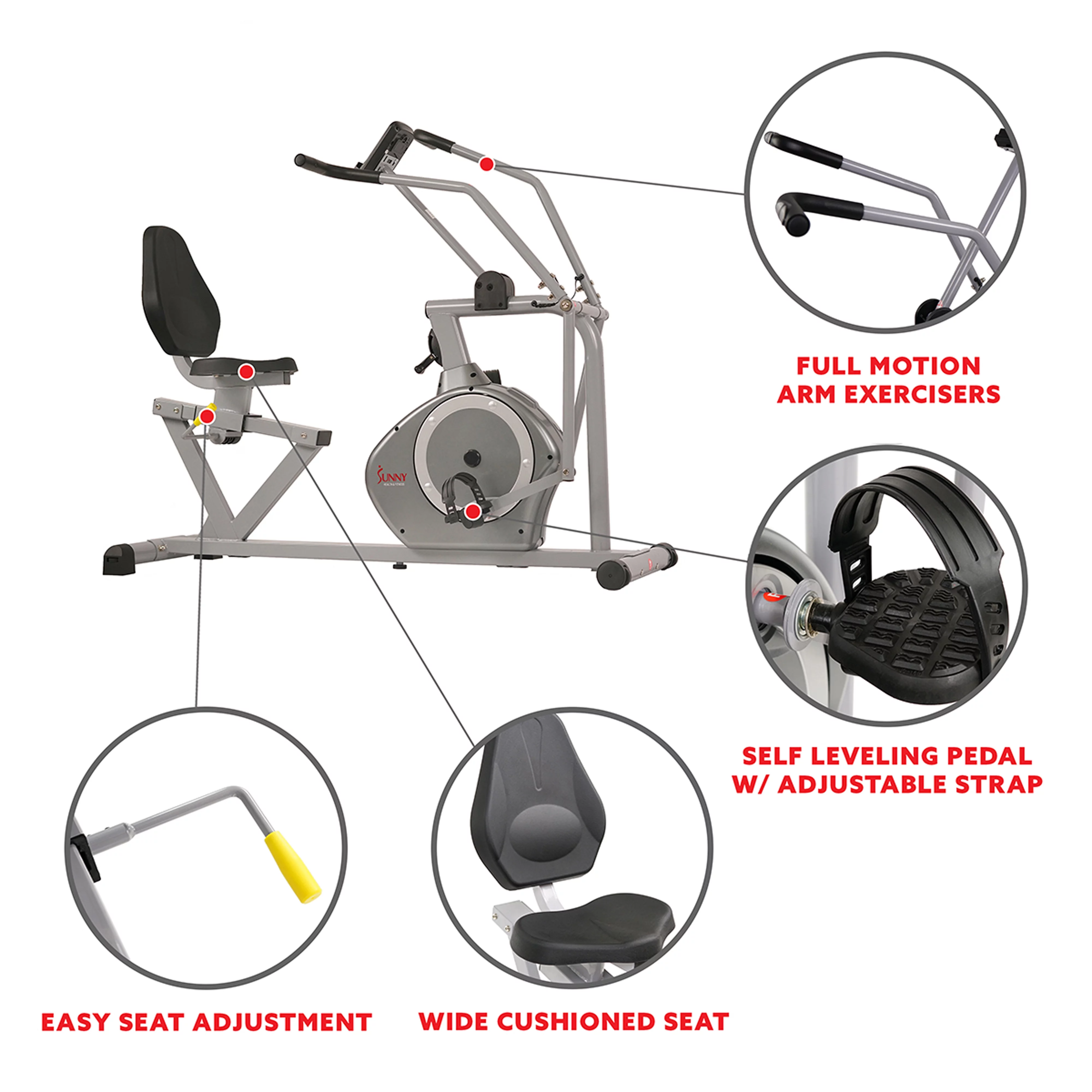 Sunny Health & Fitness Stationary Indoor Recumbent Exercise Bike Cardio Machine Cross Trainer w/Arm Workout Exercisers, SF-RB4708