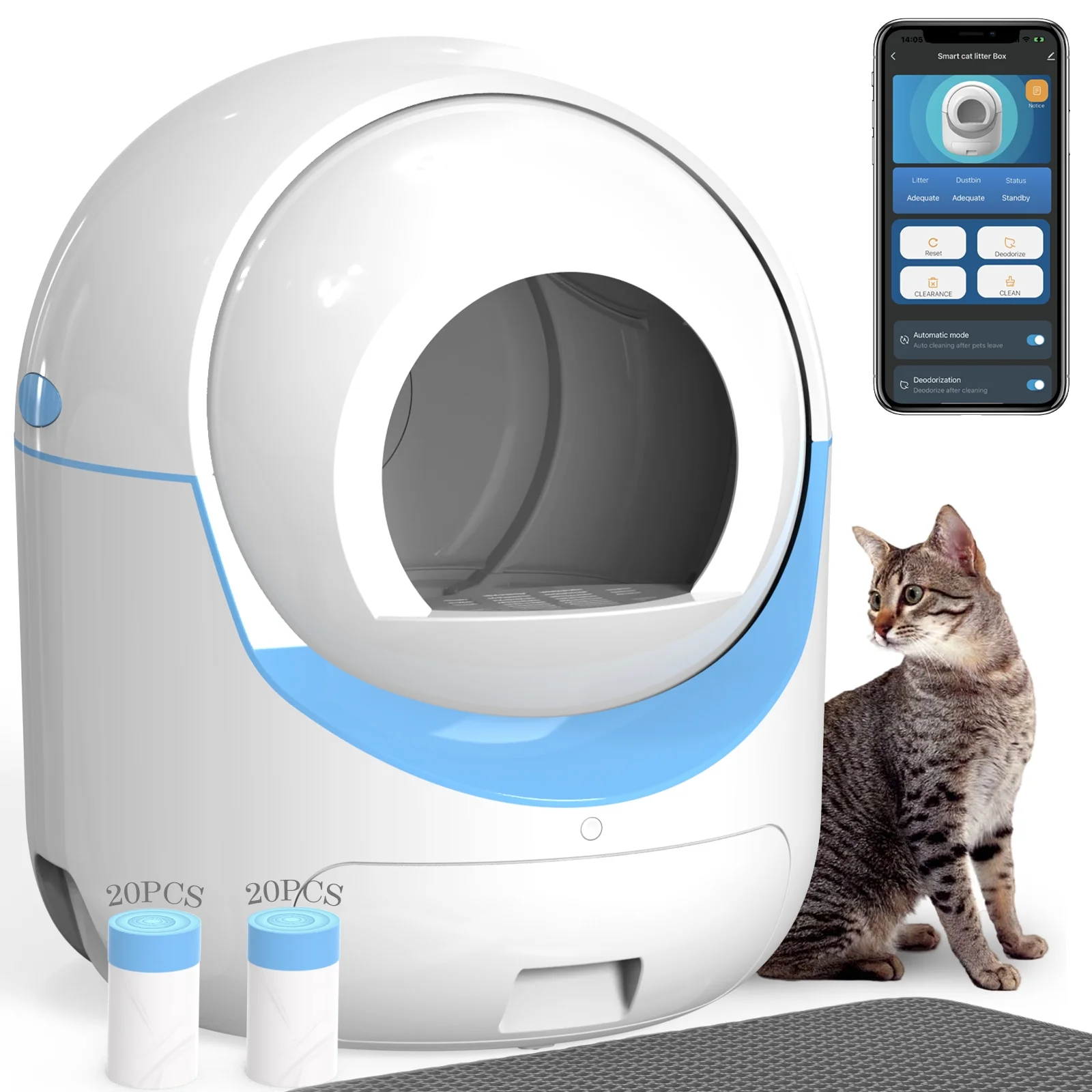 Self Cleaning Litter Box for Multiple Cats, Wifi APP Control , 40 Litter Liners&Mat