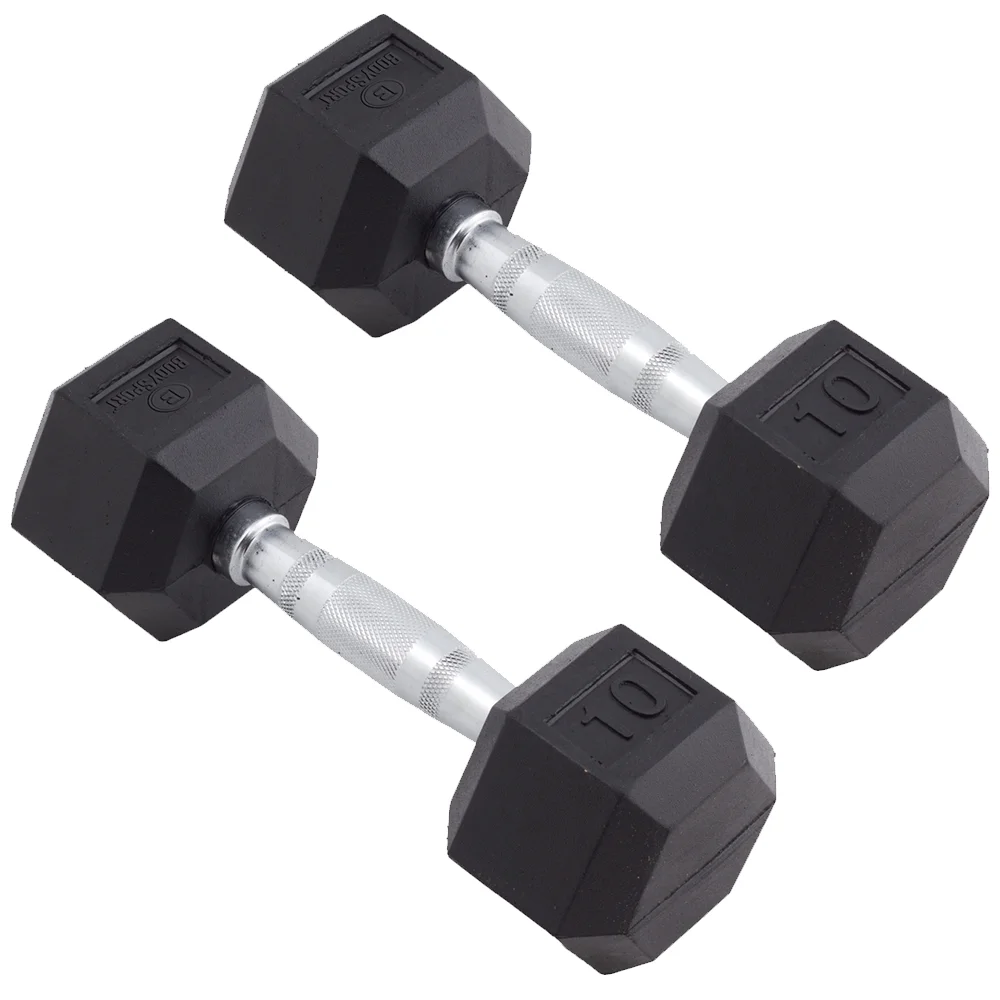 Body Sport Rubber Encased Hex Dumbbell – Set of Two – Black/Metal – 15 Pounds