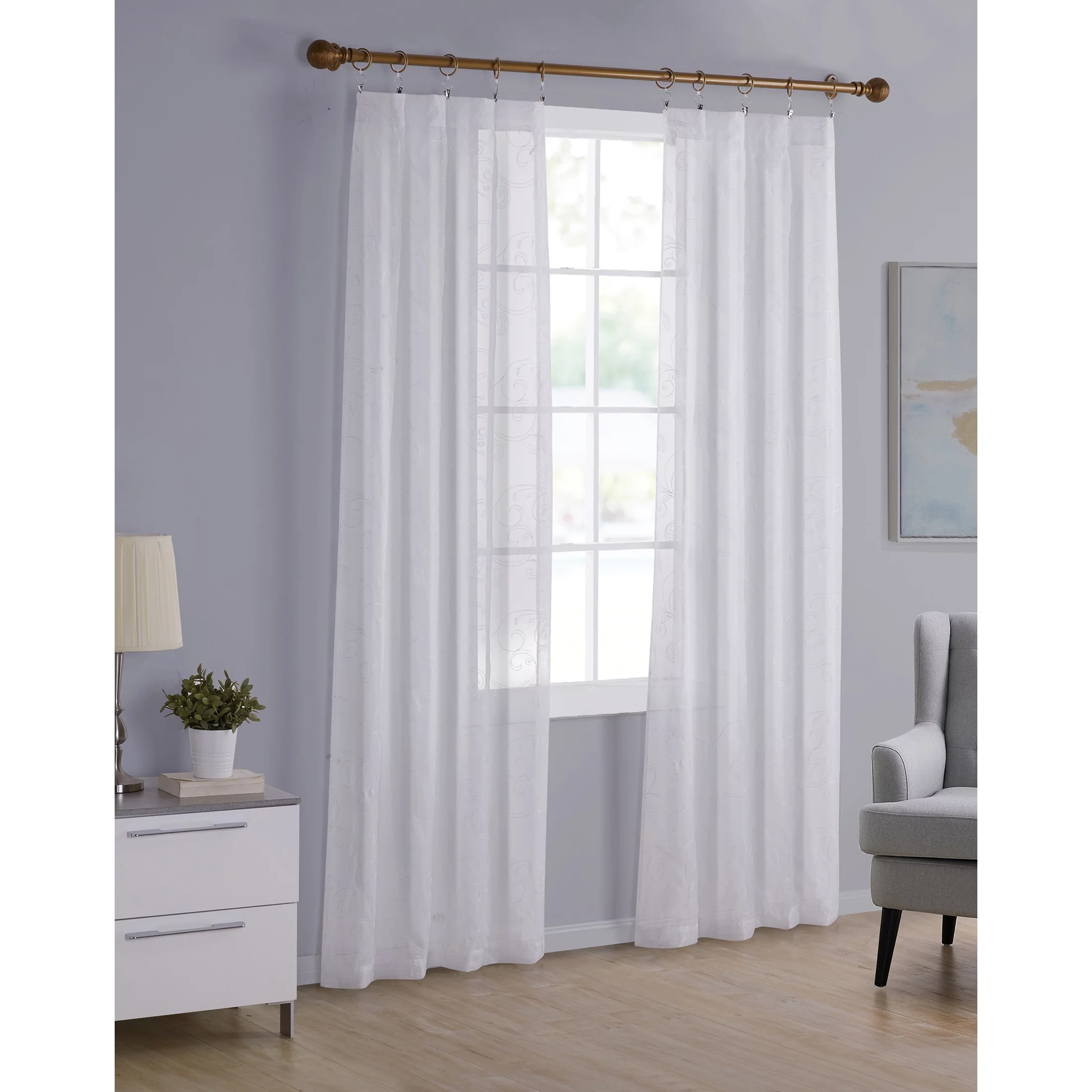 Mainstays Embroidered Scroll Rod Pocket Sheer Curtain Panel, White/White, 38″ x 84″