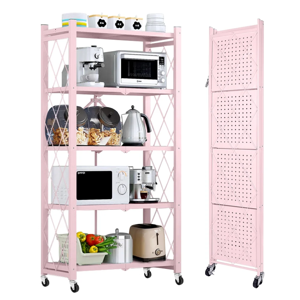 COOKCOK 5-Tier Storage Shelving Unit, Metal Shelf 27.9″x13.4″x62.5, Foldable Storage Shelf with Wheels, Garage Shelf, Metal Storage Rack, Kitchen Shelf with 4 Hooks, No Assemble Require