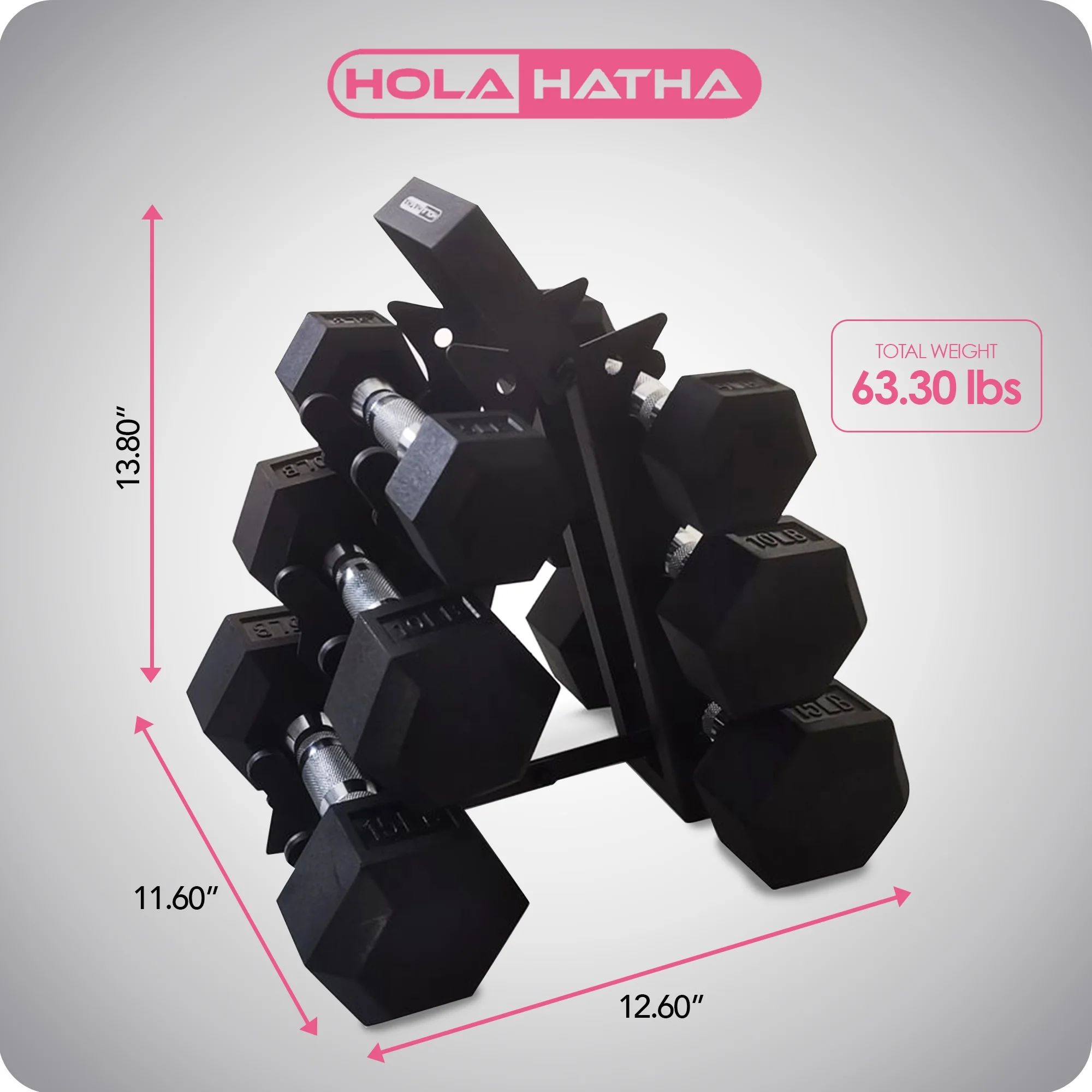 HolaHatha Hexagonal Dumbbell Free Hand Weight Set, 5, 10, & 15 Lbs, Black