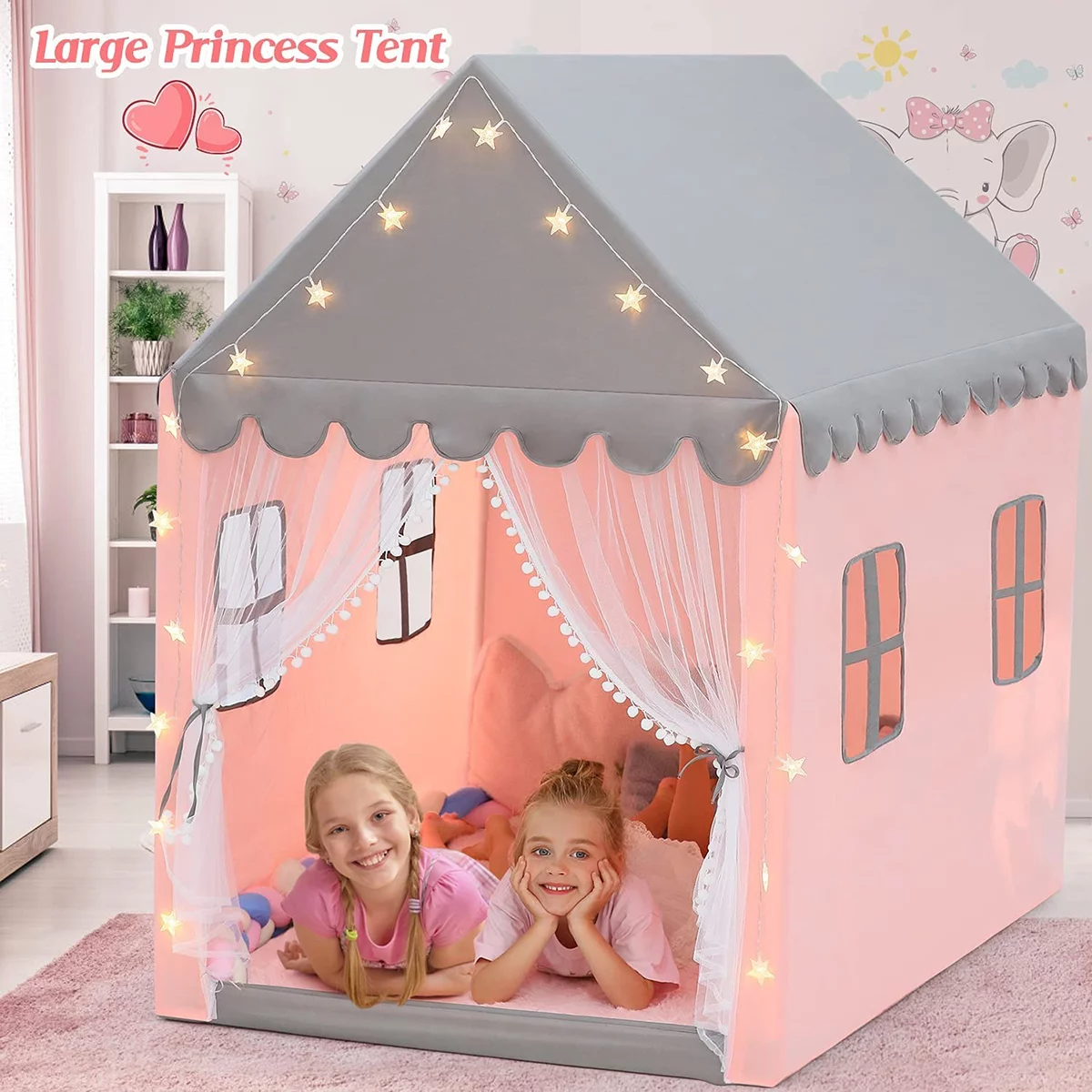 Princess Tent Star Light String and 2pcs Windows Playhouse Tent Large Space Fairy Castle Tent for Reading and Relaxing Play Tent for Kids Christmas Gift 49.2 x 37.4 x 53.1″