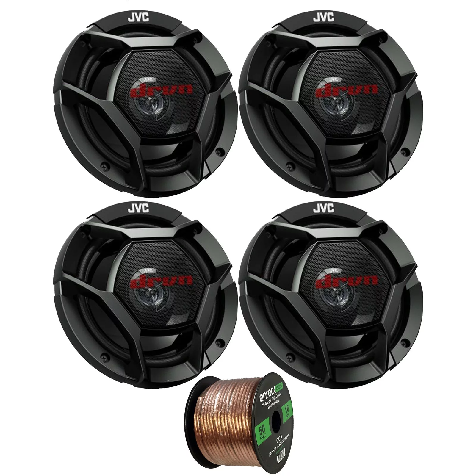 4x JVC drvn DR Series 6.75″ 300W Max Power Car Audio 2-Way Coaxial Shallow-Mount Vehicle Automotive Speakers Bundle Combo with 50 Ft 16 Gauge Audio Speaker Wiring