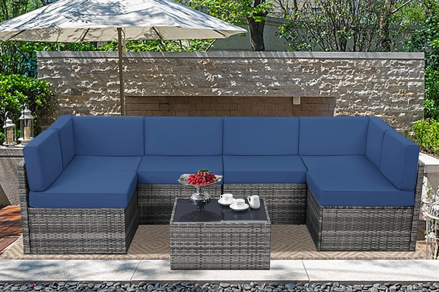 Danrelax 7-Piece Outdoor Sectional Sofa Patio Conversation Set, PE Rattan Wicker Furniture, Steel Frame in Dark Blue