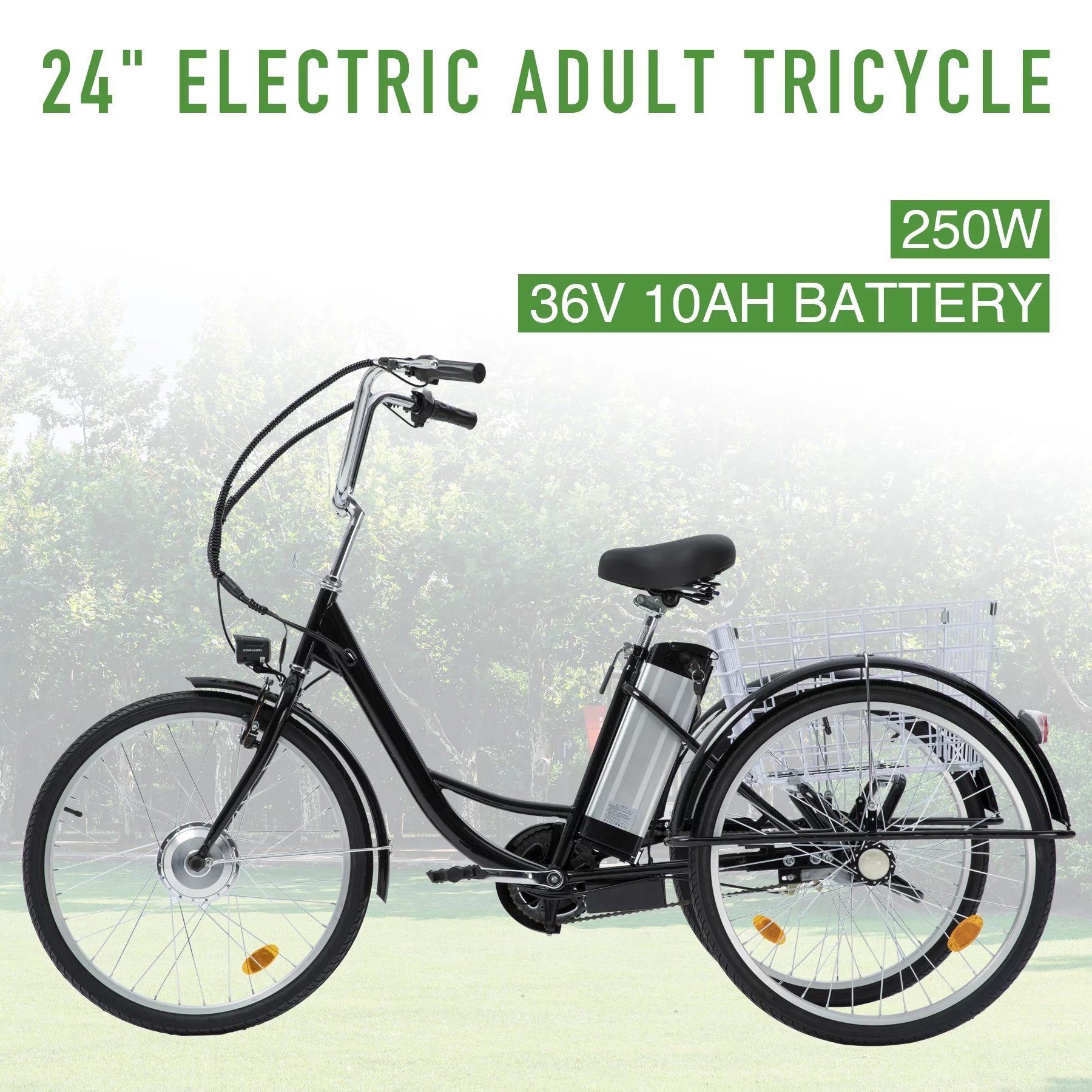 VIRIBUS 24 Inch Electric Trike Bike for Adults 250w 36V 3 Wheel Electric Bicycle for Women Men, Black