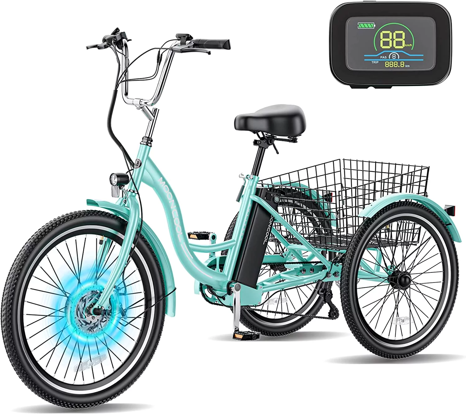 MOONCOOL Electric Tricycle, 350W 36V 24 Inches 7 Speeds 3 Wheels Electric Bikes for Adults, Motorized Electric Trike Three Wheel Electric Bicycle