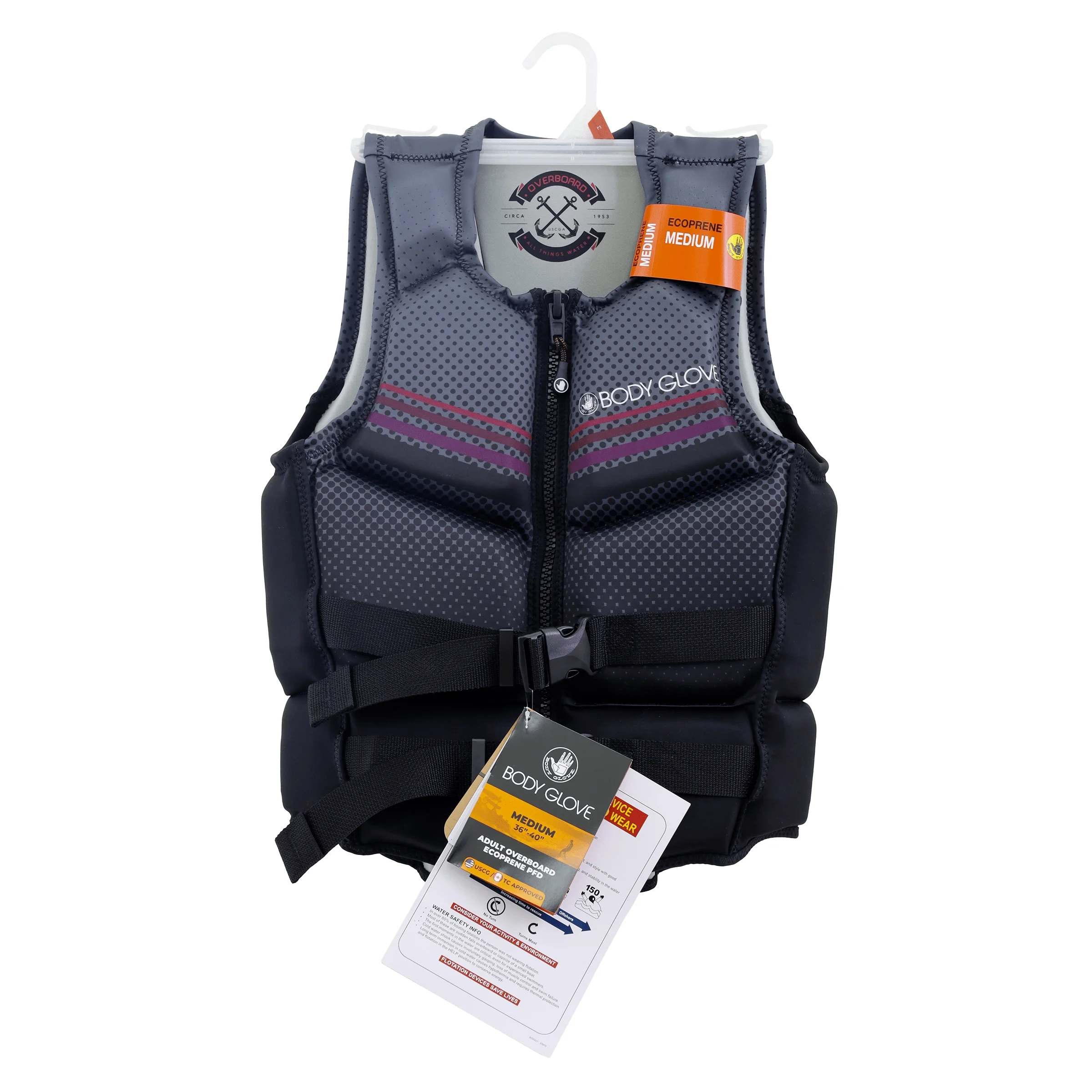 Body Glove Adult Overboard Evogrene Ride PFD, Life Jacket and Vest, Unisex, Medium, Black