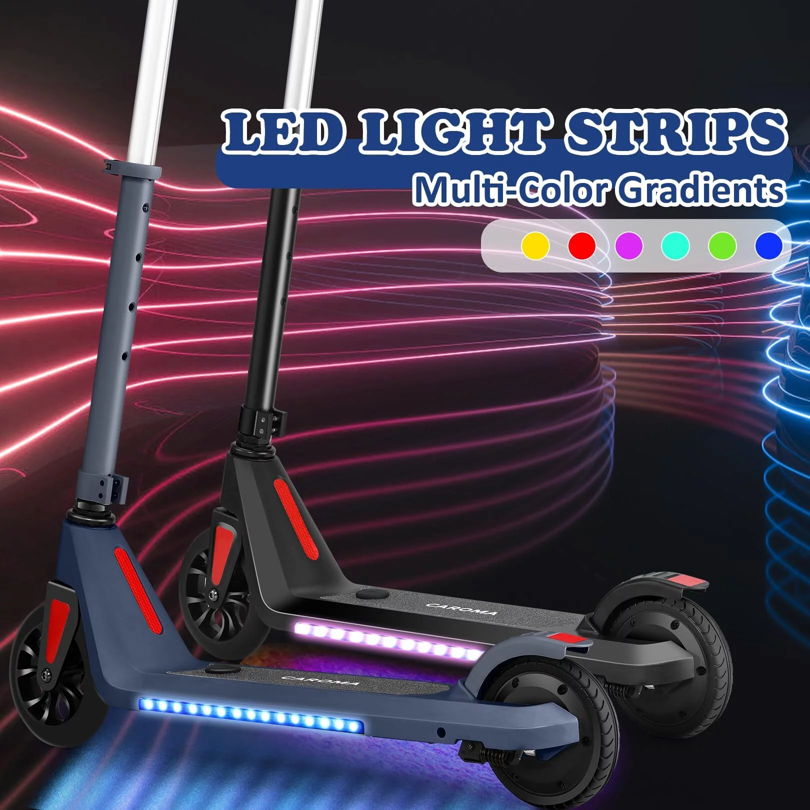 CAROMA Electric Scooter, Foldable Electric Scooter for Kids Ages 8-15, Up to 10 MPH & 7 Miles, LED Display, Colorful LED Lights, Lightweight Kids Electric Scooter