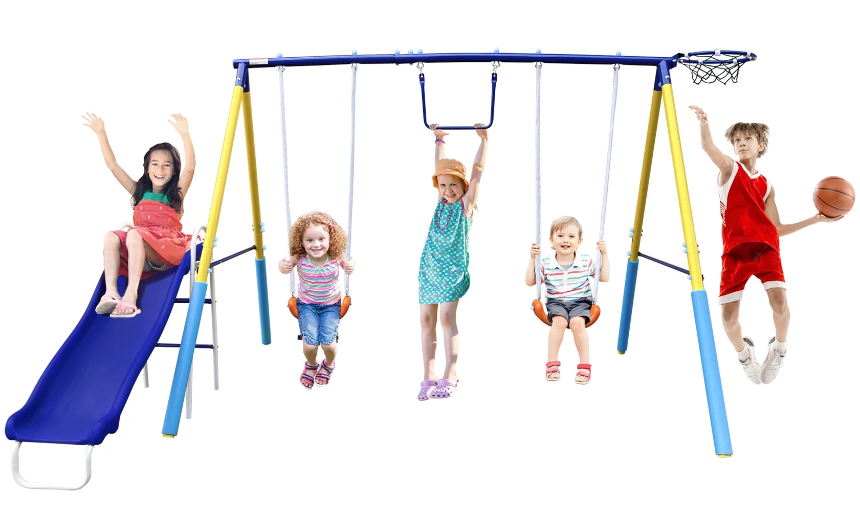 Swing Sets for Backyard with Slide, Basketball Hoop, Two Swing Seats and Gymnastics Rings, Playground Set for Kids Outdoor