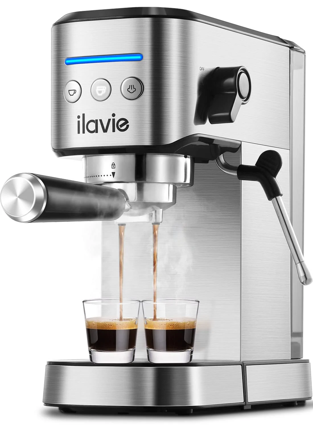 ILAVIE Espresso Machine Steel Silver, 20 Bar Coffee Espresso Maker with Milk Frother Steam Wand, 1L Water Reservoir, New