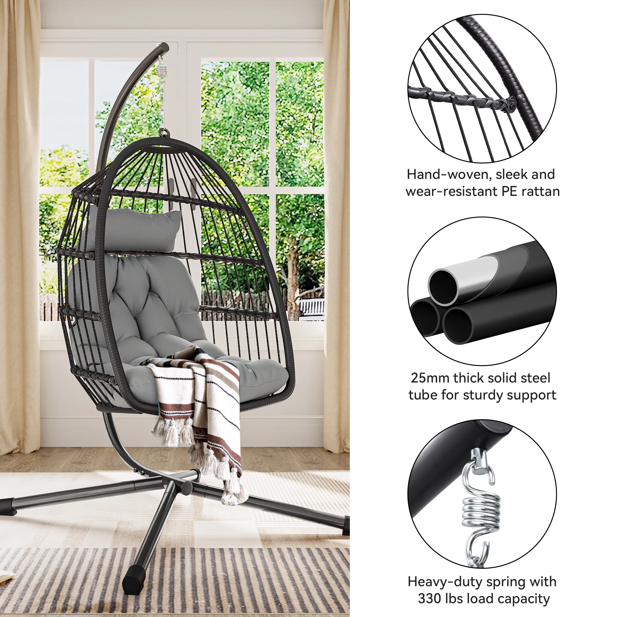 Dextrus Hanging Egg Swing Chair with Stand Egg Chair Wicker Indoor Outdoor Hammock Egg Chair with Cushions 330lbs for Patio, Bedroom, Garden and Balcony, Dark Gray(Stand Included)