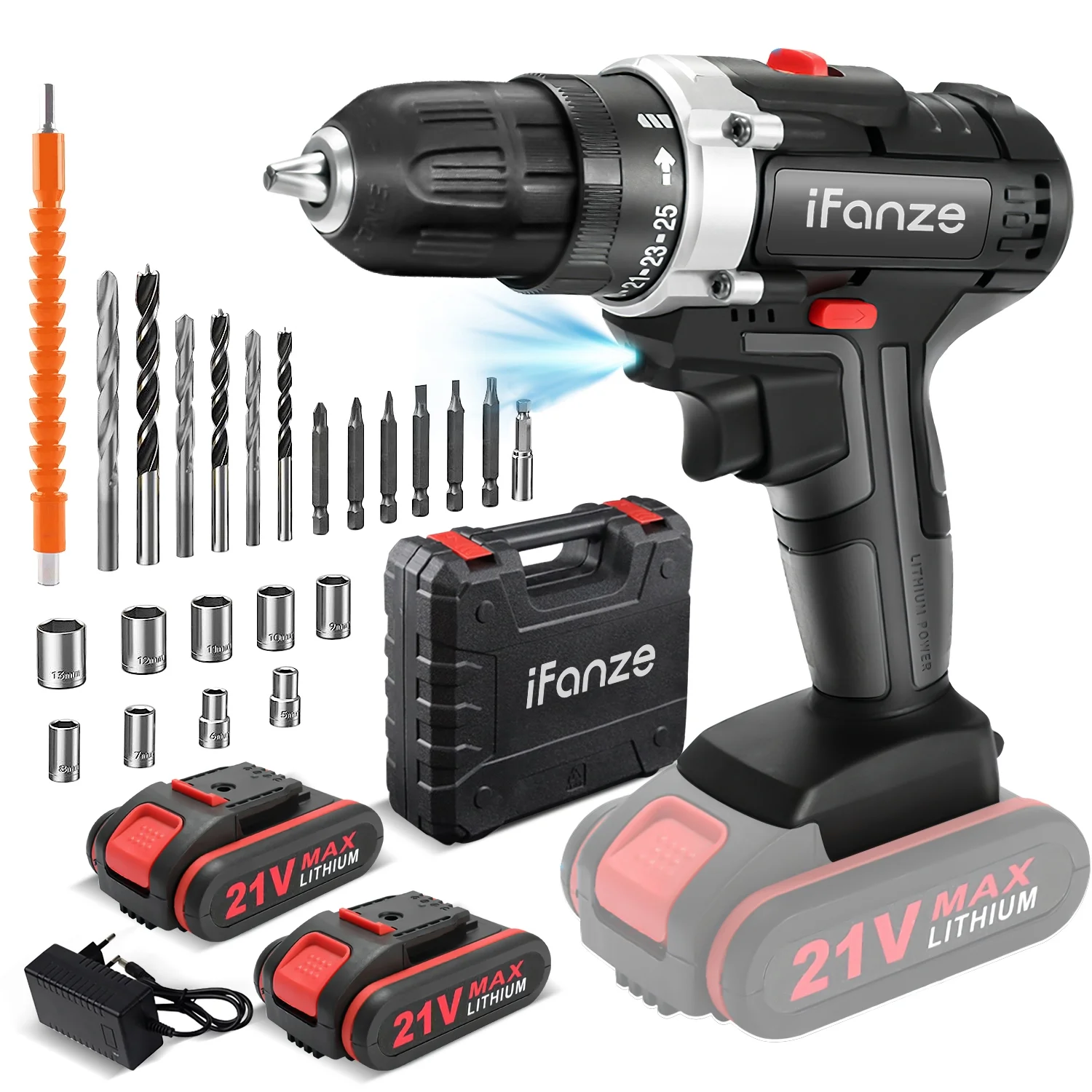 21V Cordless Drill, 3/8 inch Power Drill Driver Set with 2 Batteries Fast Charger, 2 Variable Speed, Built-in LED, Power Drill for Drilling and Tightening/Loosening Screws