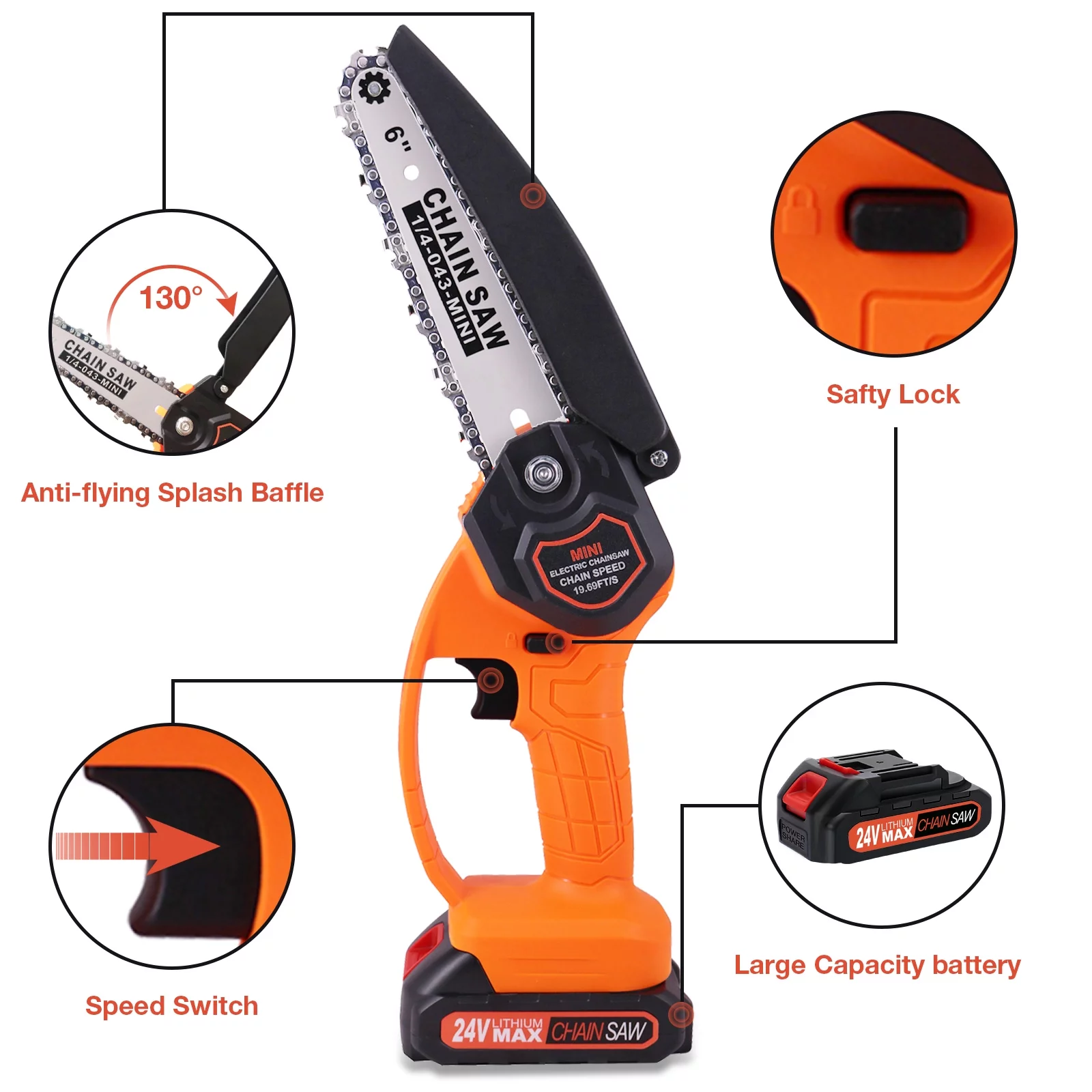 FEBFOXS 6″ Mini Chainsaw 24V Battery Powered Chainsaw ,with Safety Lock,with 2 Batteries 2 Chains, 6-inch Cordless Handheld Chain Saw Wood Cutter,Orange