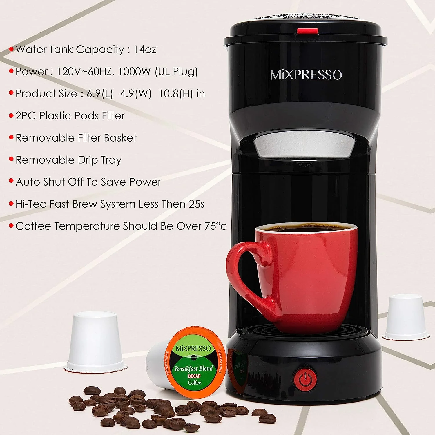 Mixpresso 2 in 1 Single Serve Coffee Machine Mini Coffee Maker Compact K Cup Compatible, Black 14 Oz