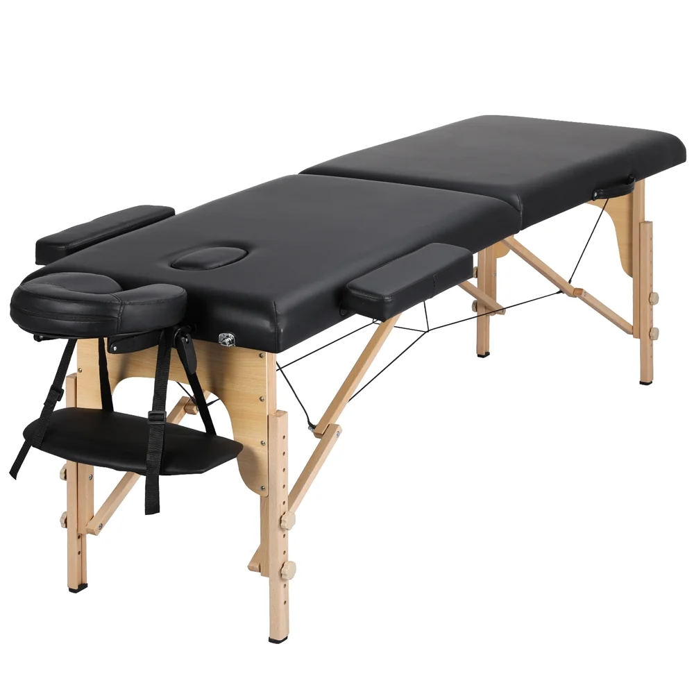 Easyfashion 84” 2 Sections Adjustable Folding Massage Bed, Black