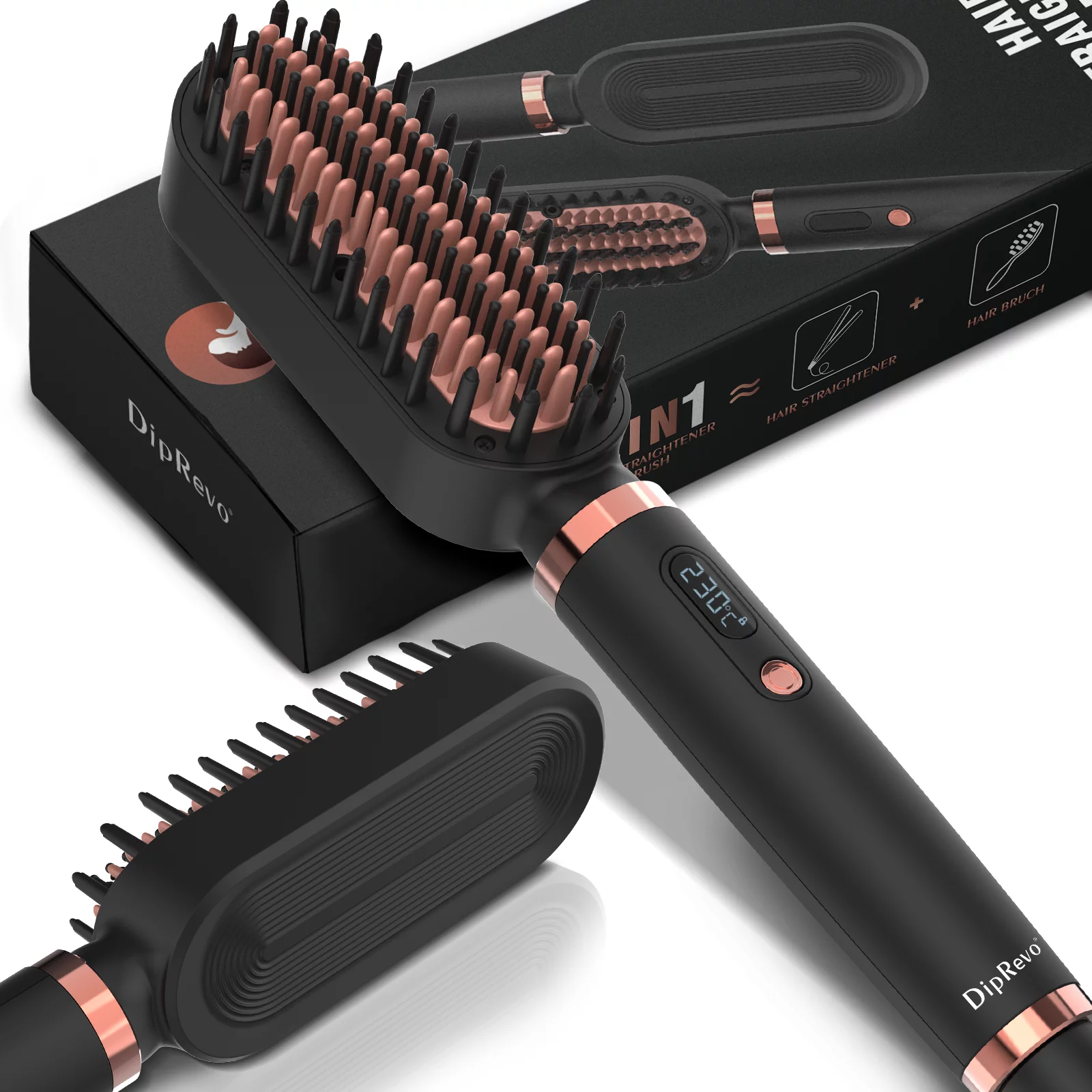 Hair Straightener Brush DipRevo 2 in 1 Ionic Fast Heating Straightening Brush Anion Straightening Comb Temperature Adjustable LCD Display Auto-off Black