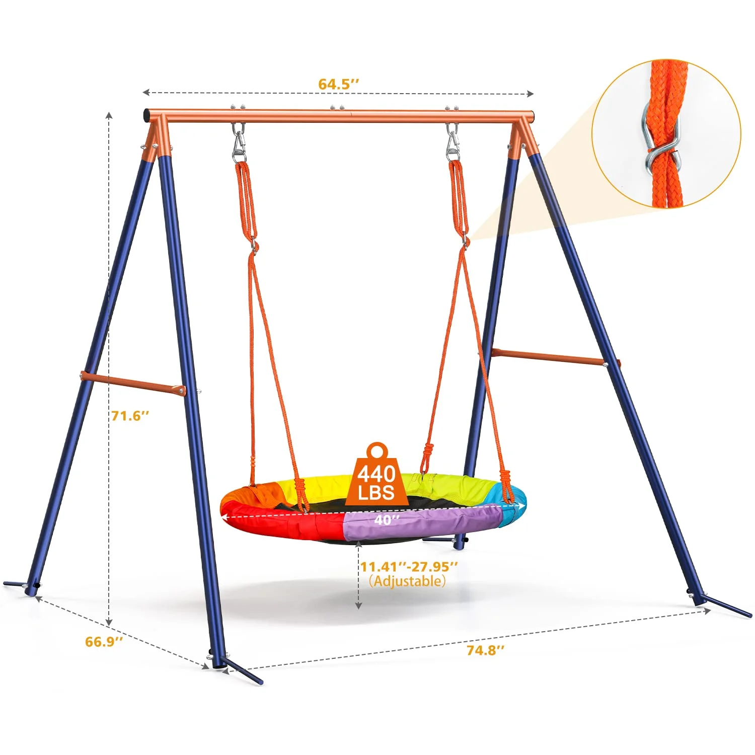 Tiikiy Swing Set with Saucer, 440lbs Saucer Swing with Stand for 2-3 kids Outdoor Play, 40in Round Saucer Swing Adjustment Rope, Rainbow