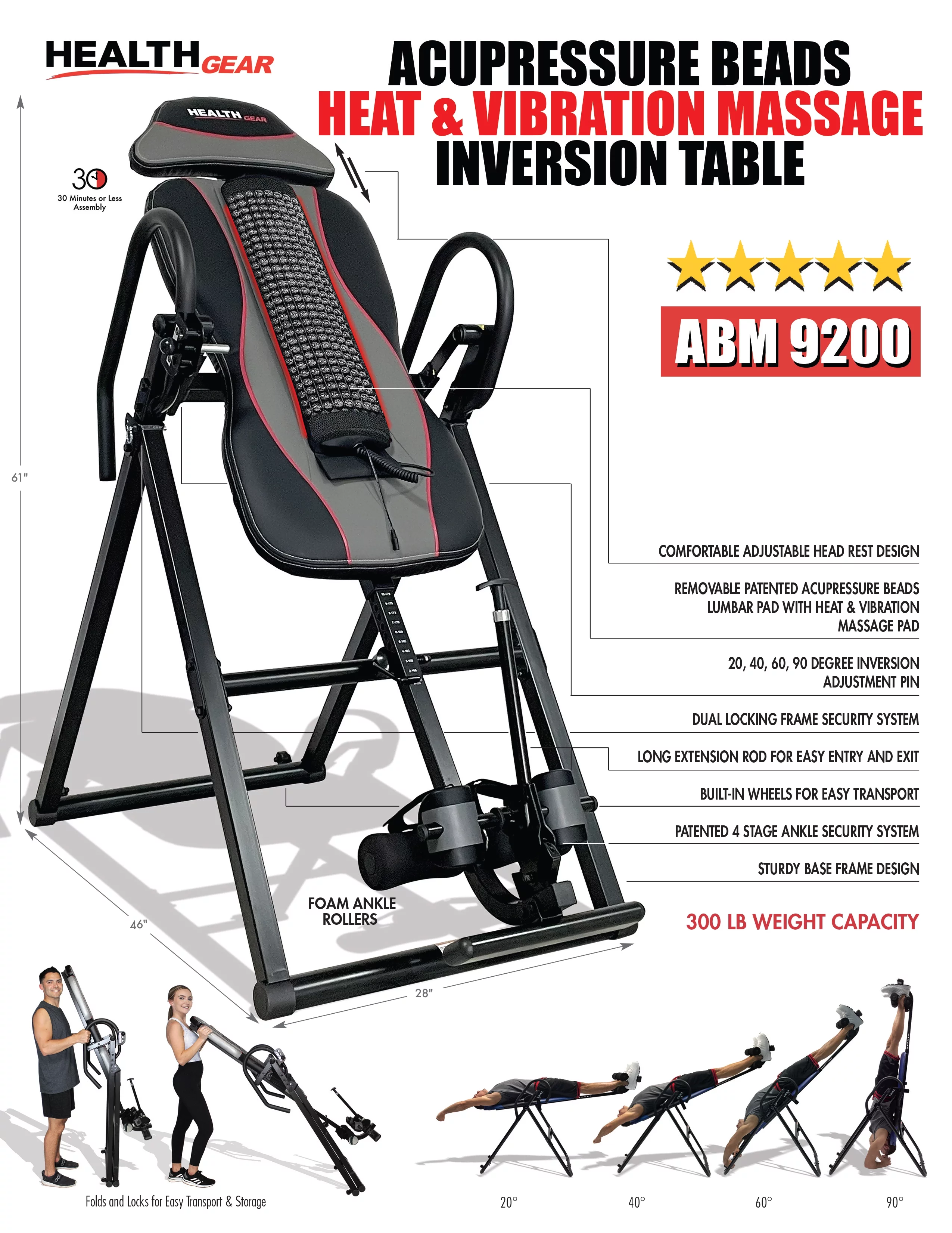 Health Gear Acupressure Beads Heat and Vibration Massage Inversion Table, ABM 9200, Black, 300lb Weight Capacity