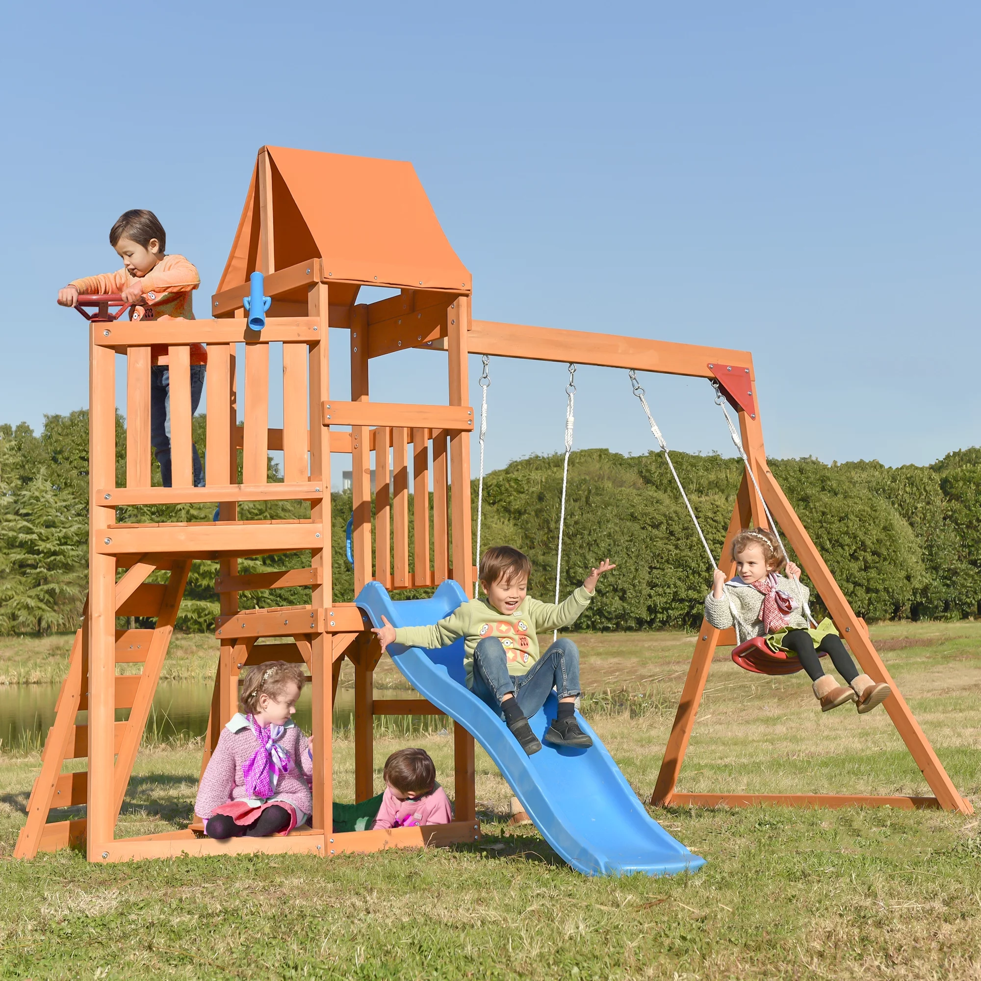 Wooden Swing Set with Slide, Climbing wall, Sandbox and Wood Roof, Outdoor Playhouse Backyard Activity Playground Playset for Toddlers