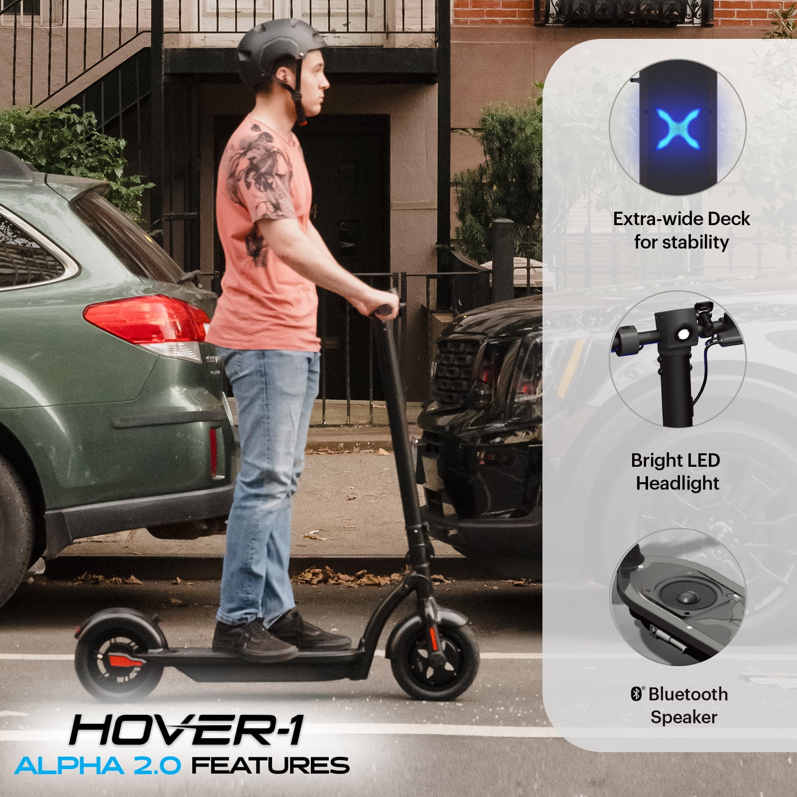 Hover-1 Alpha 2.0 Self Balancing Electric Scooter for Teens, 18 mph Max Speed, LED Lights, 44 in. x 49 in, UL 2272 Certified, Black