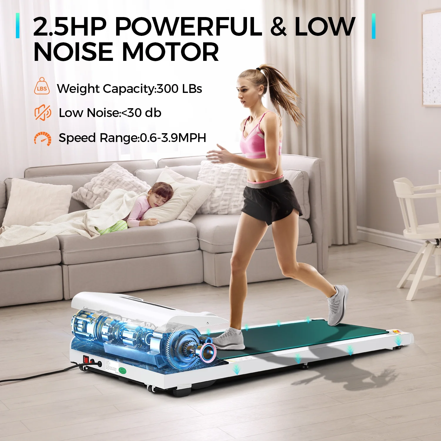 Adnoom Walking Pad Treadmill Under Desk Treadmills for Home,Smart App Remote Control 2.5HP Electric Jogging Running Machine with LED Display