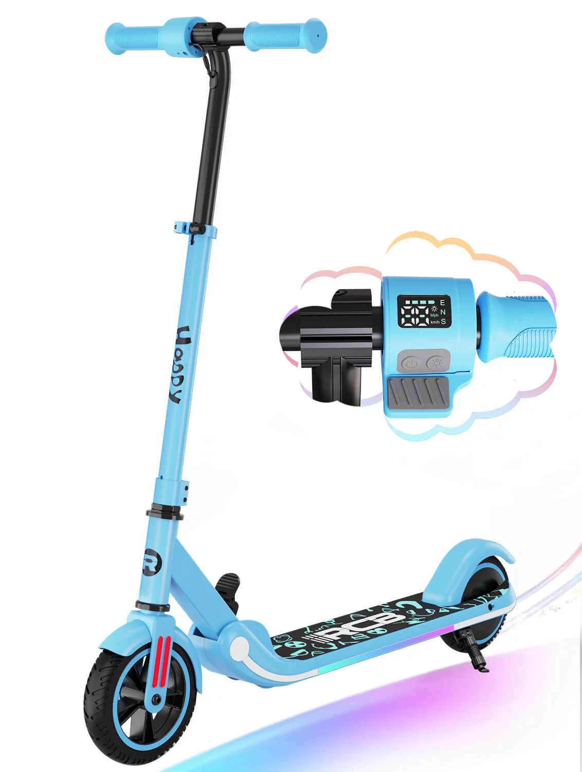 RCB Electric Scooter, for Kids Ages 6+, 3 Speeds and Height Adjustable,Vibrant Lights,Black