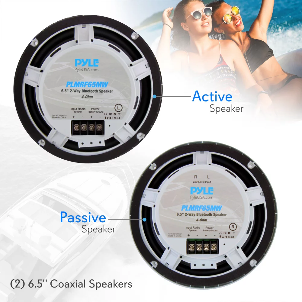 Pyle PLMRF65MW 6.5 Inch 600 W 2 Way Waterproof Bluetooth Marine Speakers, Pair