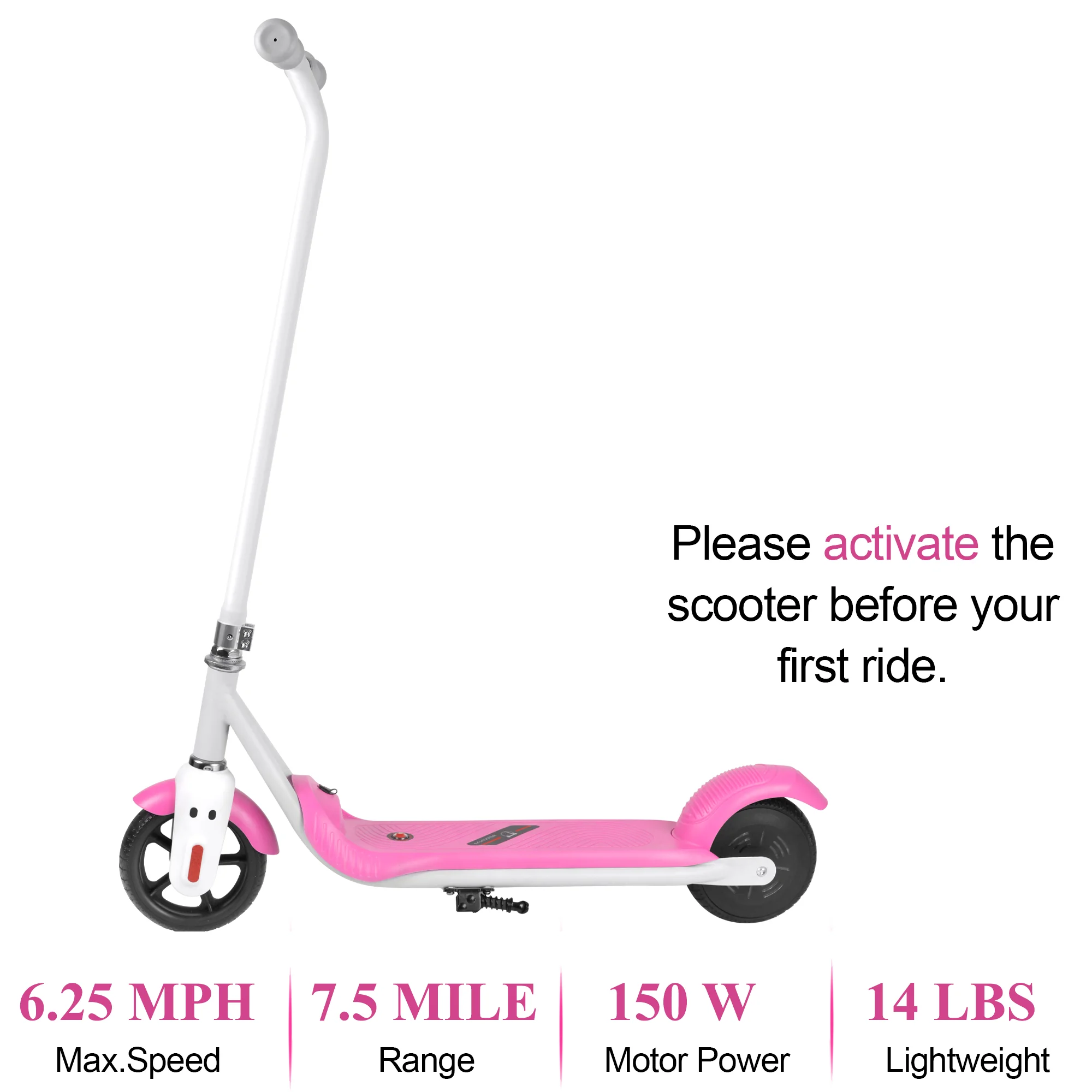 Electric Scooter for Kids 6-12, 150 W Motor and 24 V 2.5 Ah Lithium Battery . 6.5?? wheel .6.25 mph top speed with up to 7.5 miles range. Fast Charging 3-4 Hours.