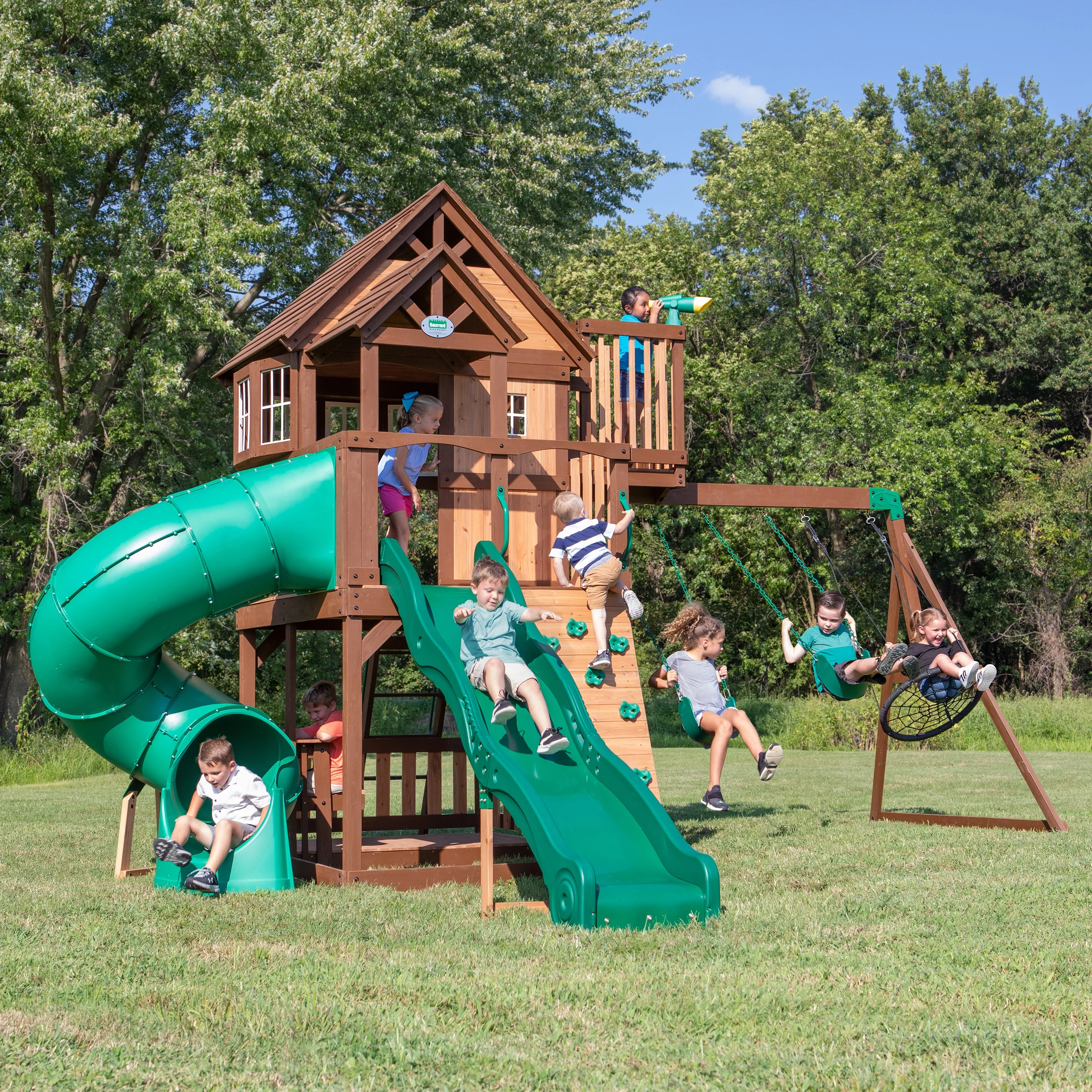 Backyard Discovery Skyfort with Tube Slide Swing Set