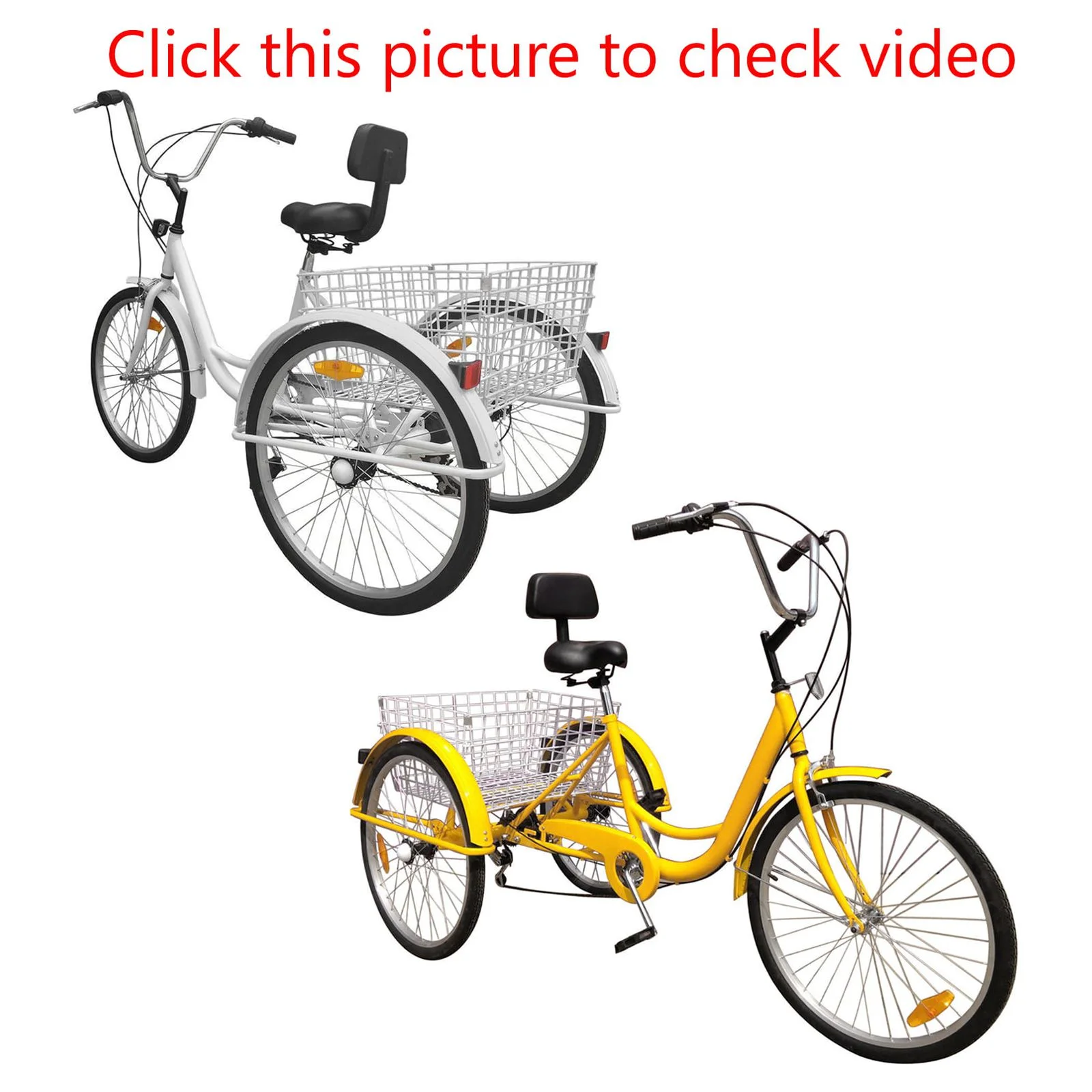 Motor Genic 7-Speed Shimano 24 inch  Adult 3 Wheel Tricycle Cruise Bike Bicycle With Basket White/Yellow