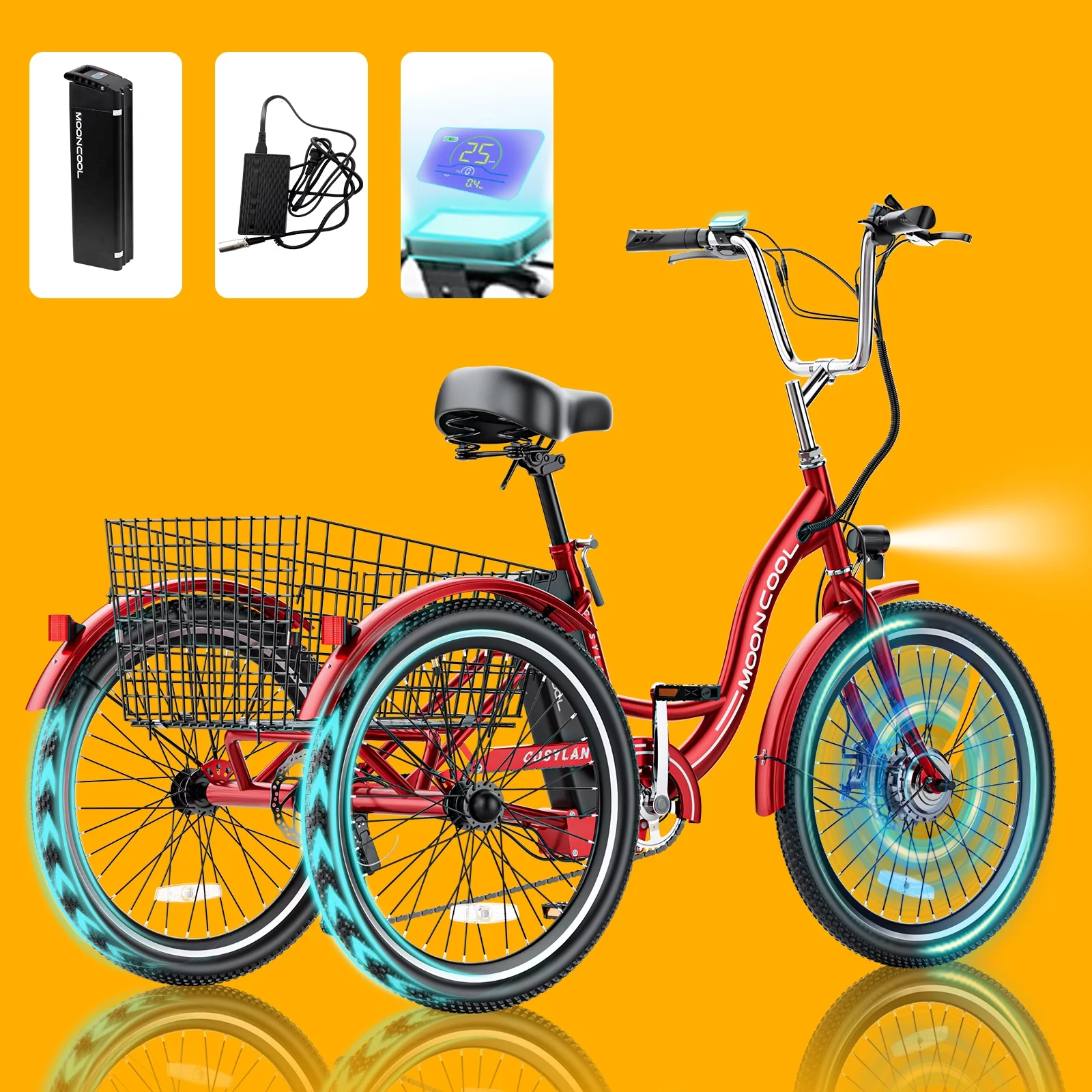 ABORON 350W Electric Trike, 7 Speed 24″/26″ Motorized 3 Wheel Electric Tricycle for Adults with 36V 14.5Ah Lithium Battery UL Certified, Rear Basket