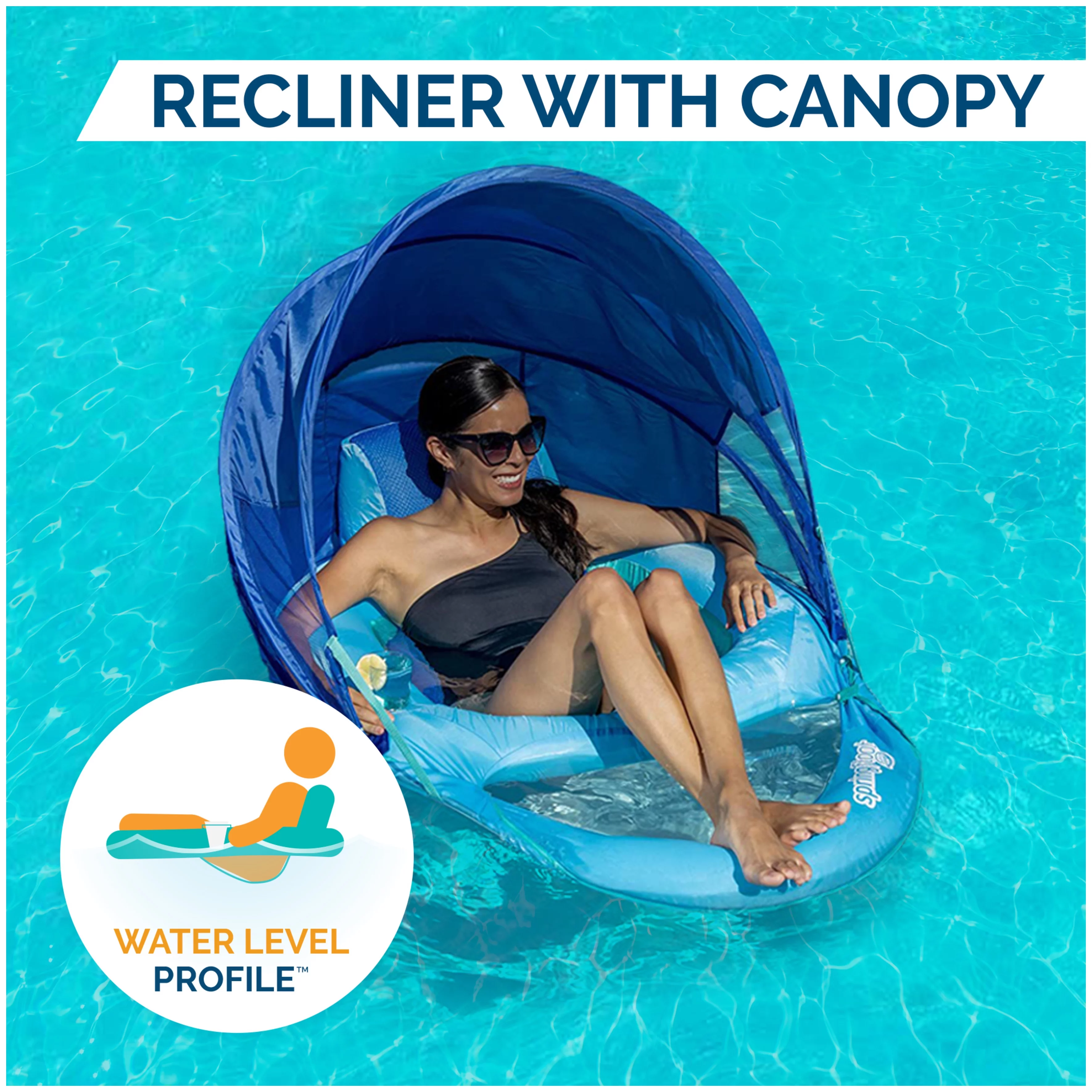 SwimWays Spring Float Recliner Lounge Chair with Canopy, Pool Float for Adults