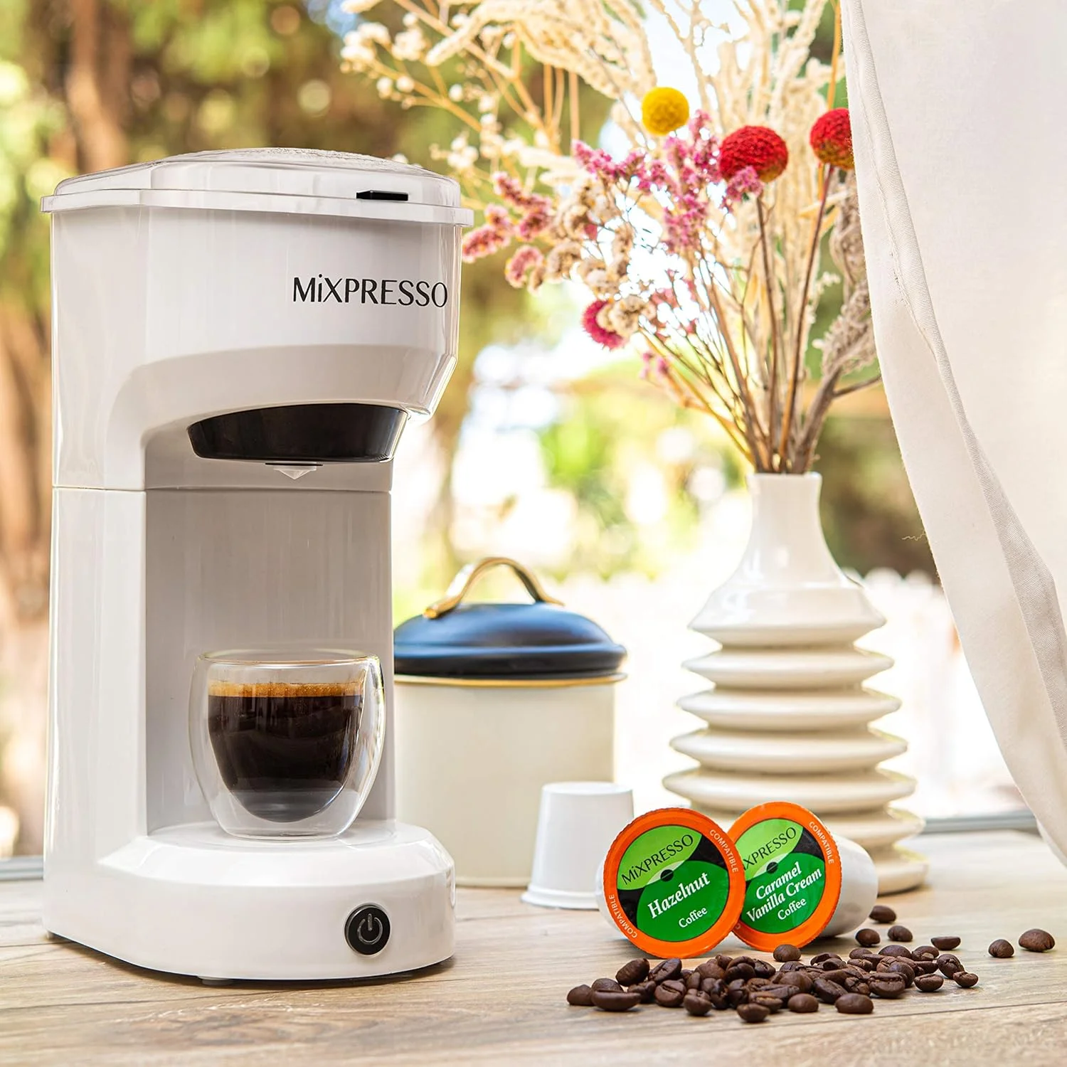 Mixpresso 2 in 1 Single Serve Coffee Machine Mini Coffee Maker Compact K Cup Compatible, White 14 Oz