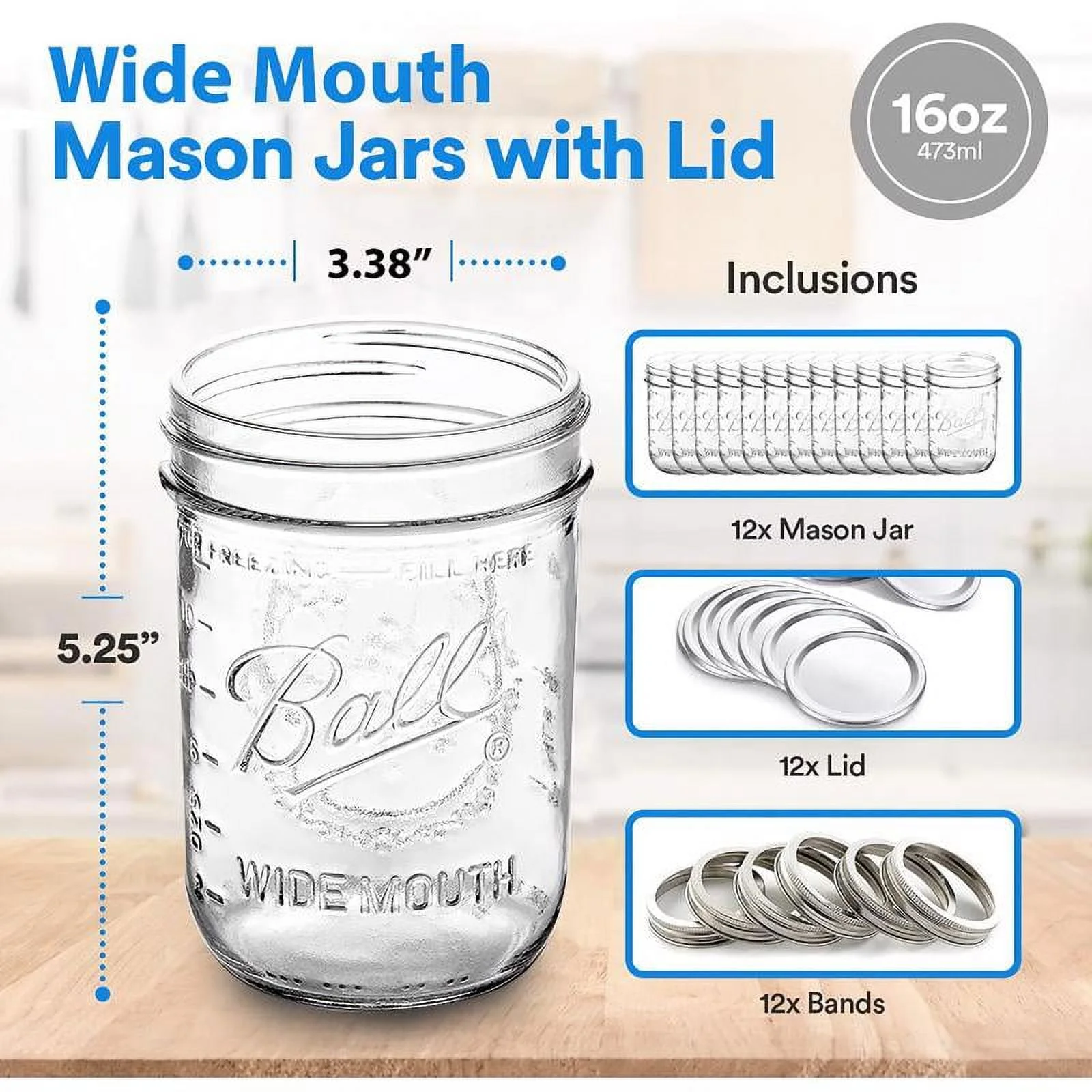 Ball, Glass Mason Jars with Lids & Bands, Wide Mouth, Clear, 16 oz, 12 Count