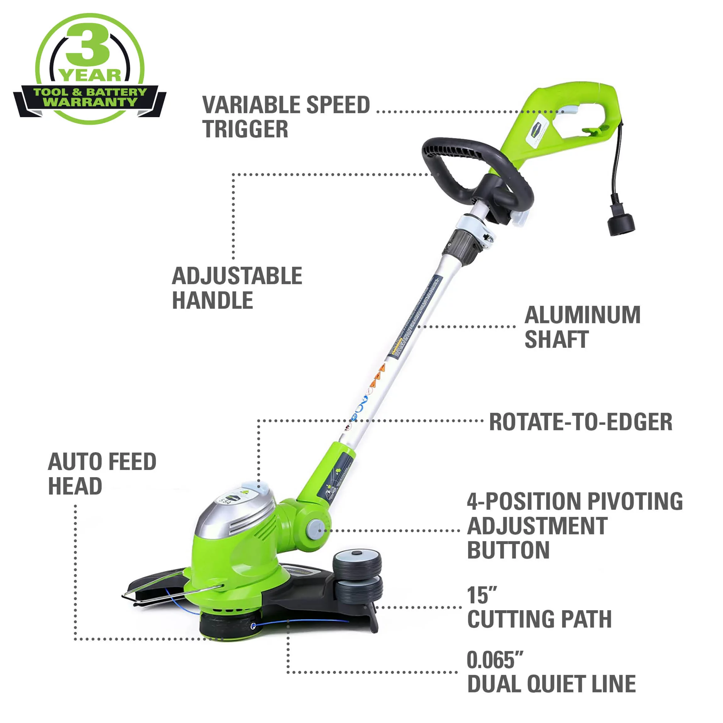 Greenworks 5.5 Amp 15 in Corded Electric String Trimmer, 21272