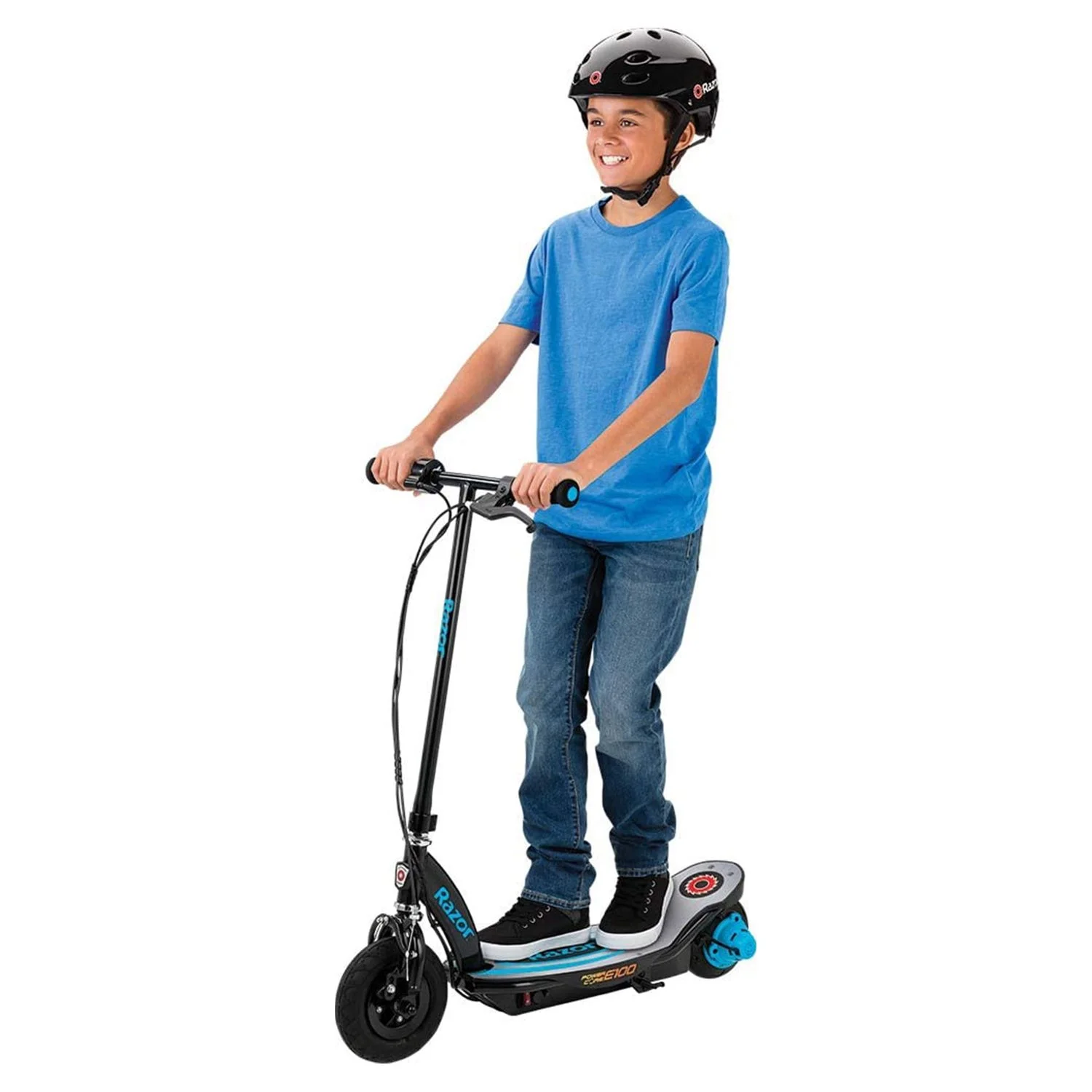 Razor Power Core E100 Electric Scooter with Aluminum Deck – Blue, for Ages 8+ and up to 120 lbs, 8″ Pneumatic Front Tire