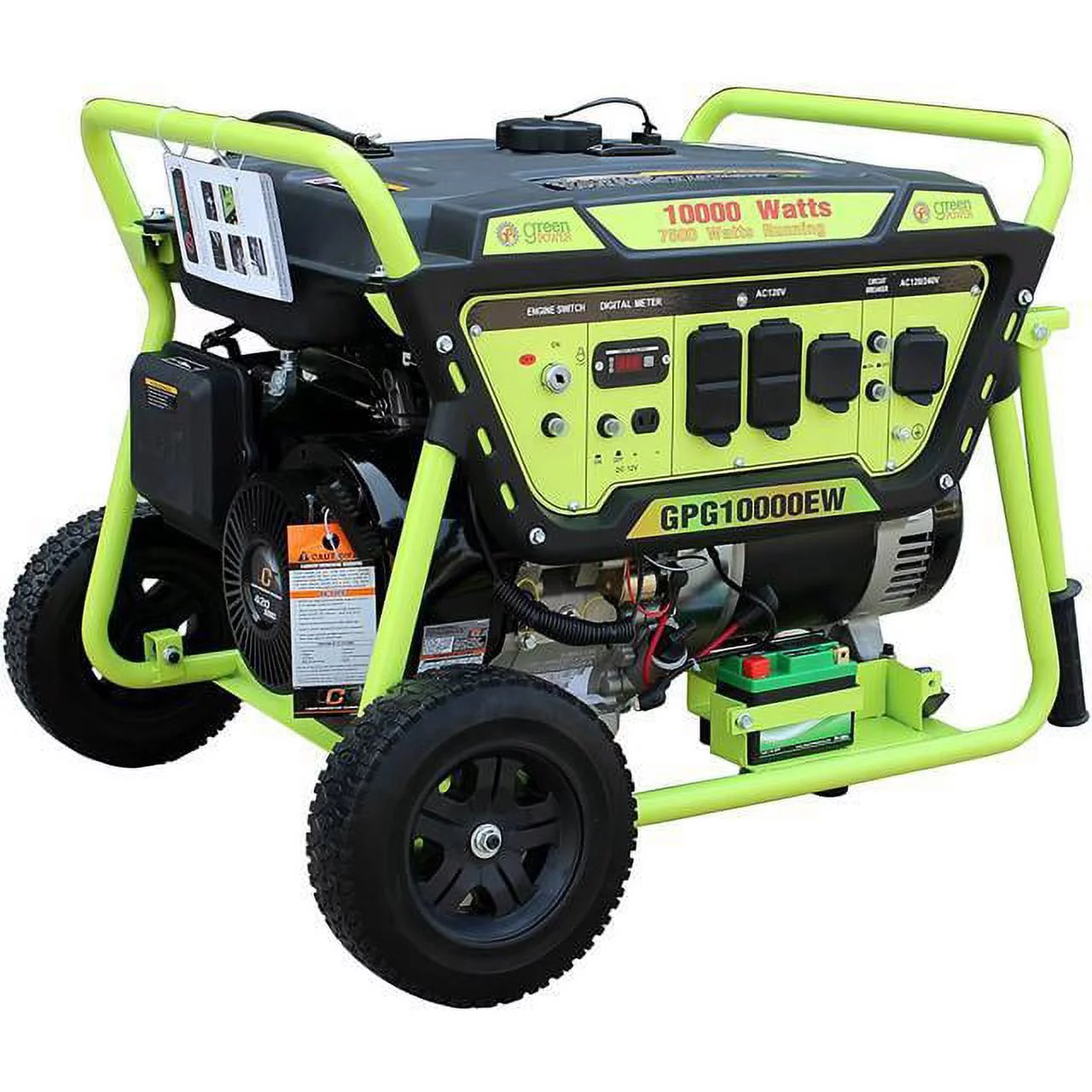 Green-Power America Gas Generator w/ Electric Start Pro Series GPG10000EW delievers 10000 watts of starting power and 7500 watts of continious power.